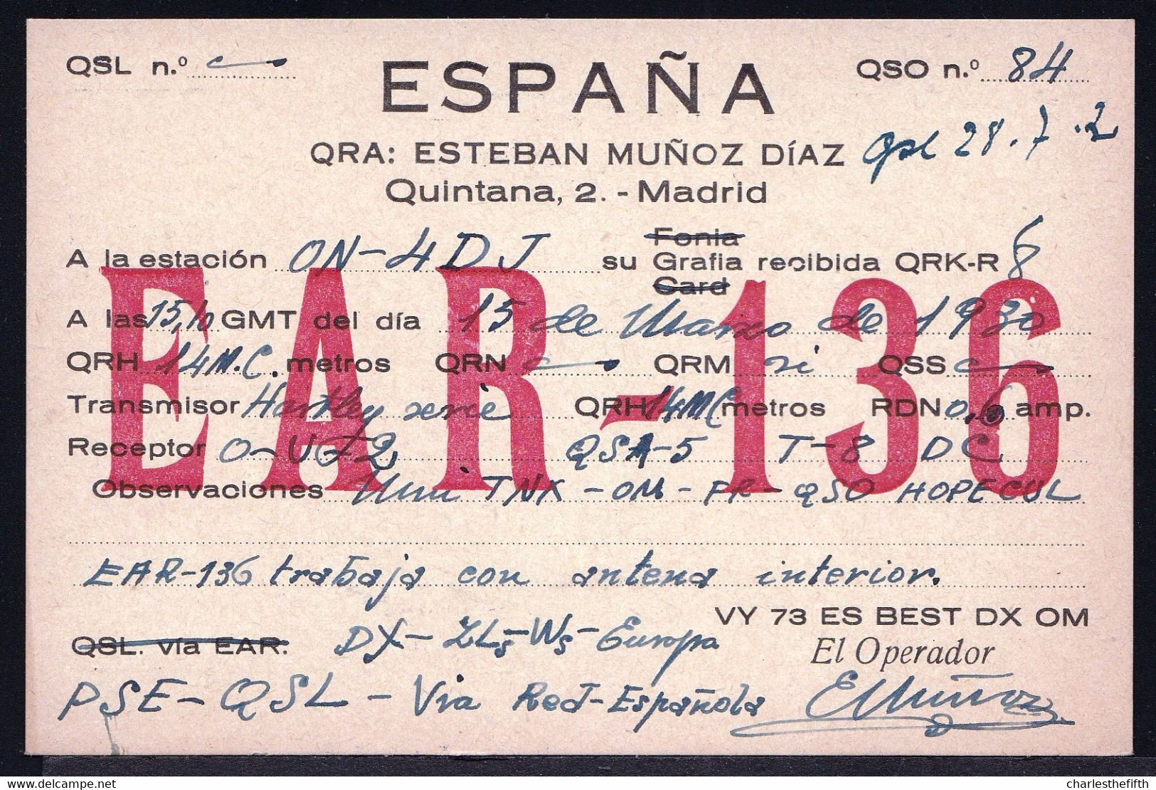 MADRID ESPANA 1930 CB RADIO - RADIOAMATORE - SHORT WAVE - AMATEUR RADIO STATION  QSL  EAR 136 - Via MADRID - Andere & Zonder Classificatie