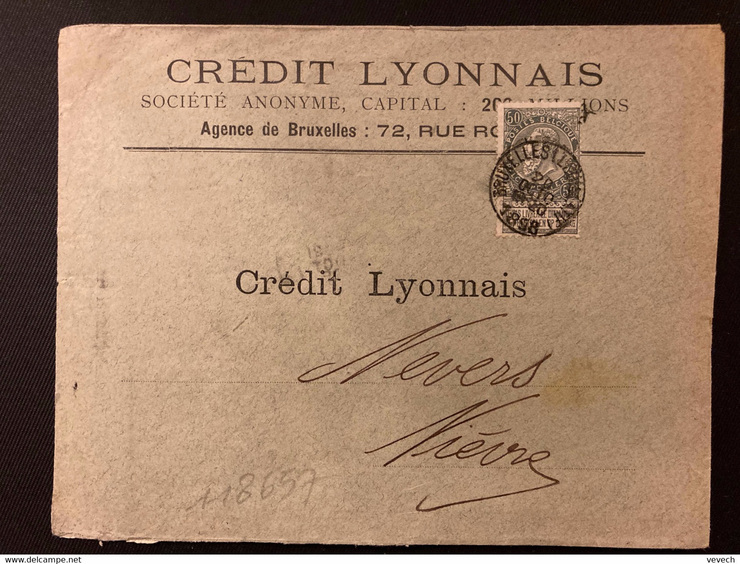 LETTRE TP 50 Perforé CL OBL.20 OCTO 1898 BRUXELLES + CREDIT LYONNAIS BANQUE - 1863-09