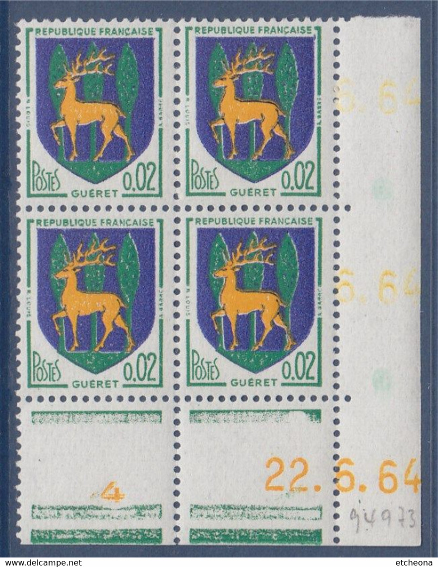 Armoiries De Villes (IV) Guéret 2c Vert, Outremer Et Jaune Coin Daté X 4 Du 22.6.64 N°1351B Neuf - 1960-1969