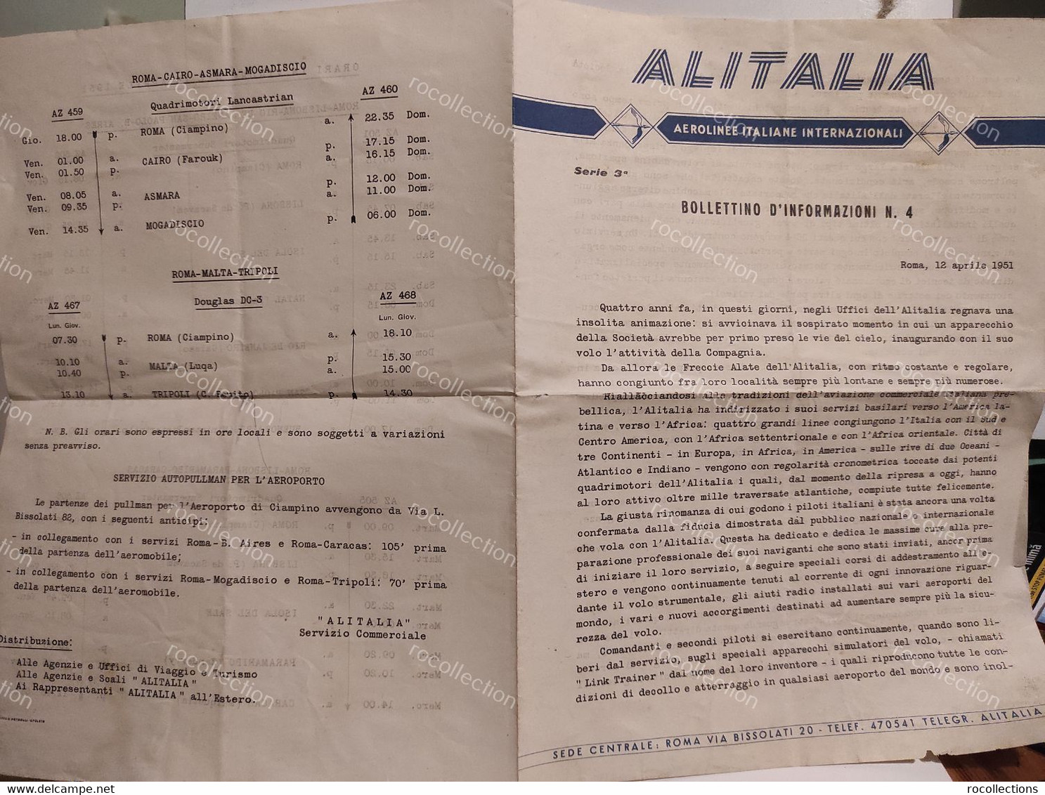 Italy Italia ALITALIA Orari Dal 15 Aprile 1951 Flight Timetable. Bollettino Di Informazioni N. 4 - Europa