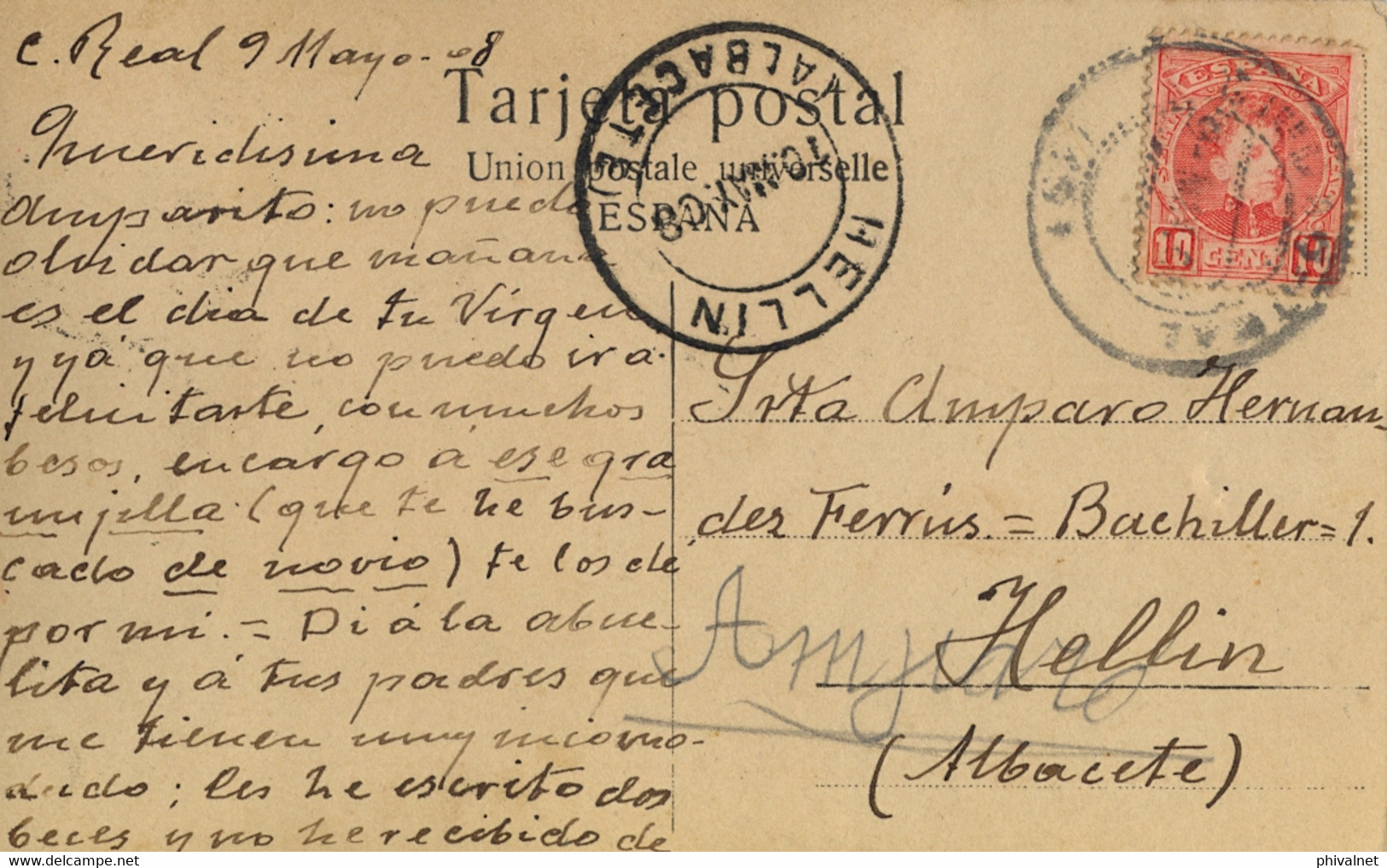 1908 , CIUDAD REAL -  HELLÍN , T.P. CIRCULADA , LLEGADA - Storia Postale