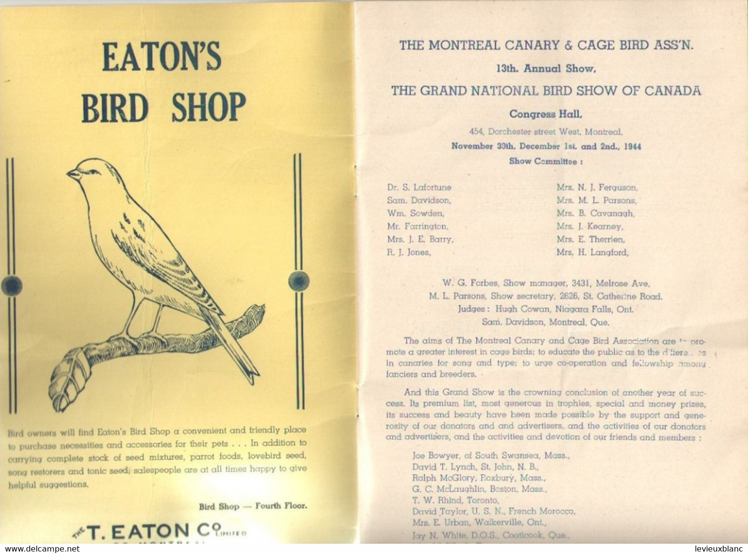 The Montreal CANARY And CAGE BIRDS Association/The Grand National Bird Show Of Canada/Congress Hall Montréal/1944 VPN379 - Pet/ Animal Care