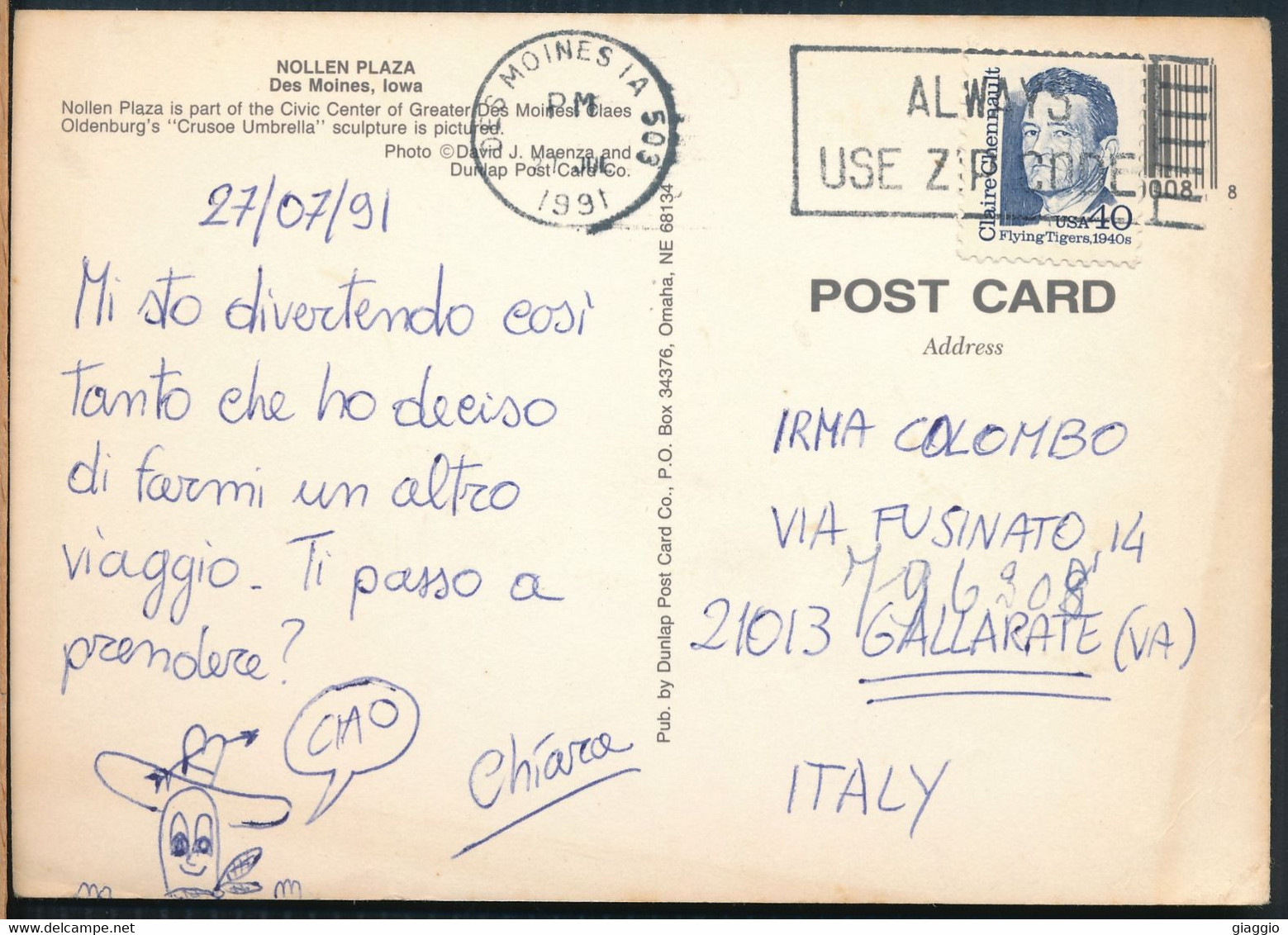°°° 29853 - USA - IA - DES MOINES - NOLLEN PLAZA - 1991 With Stamps°°° - Des Moines