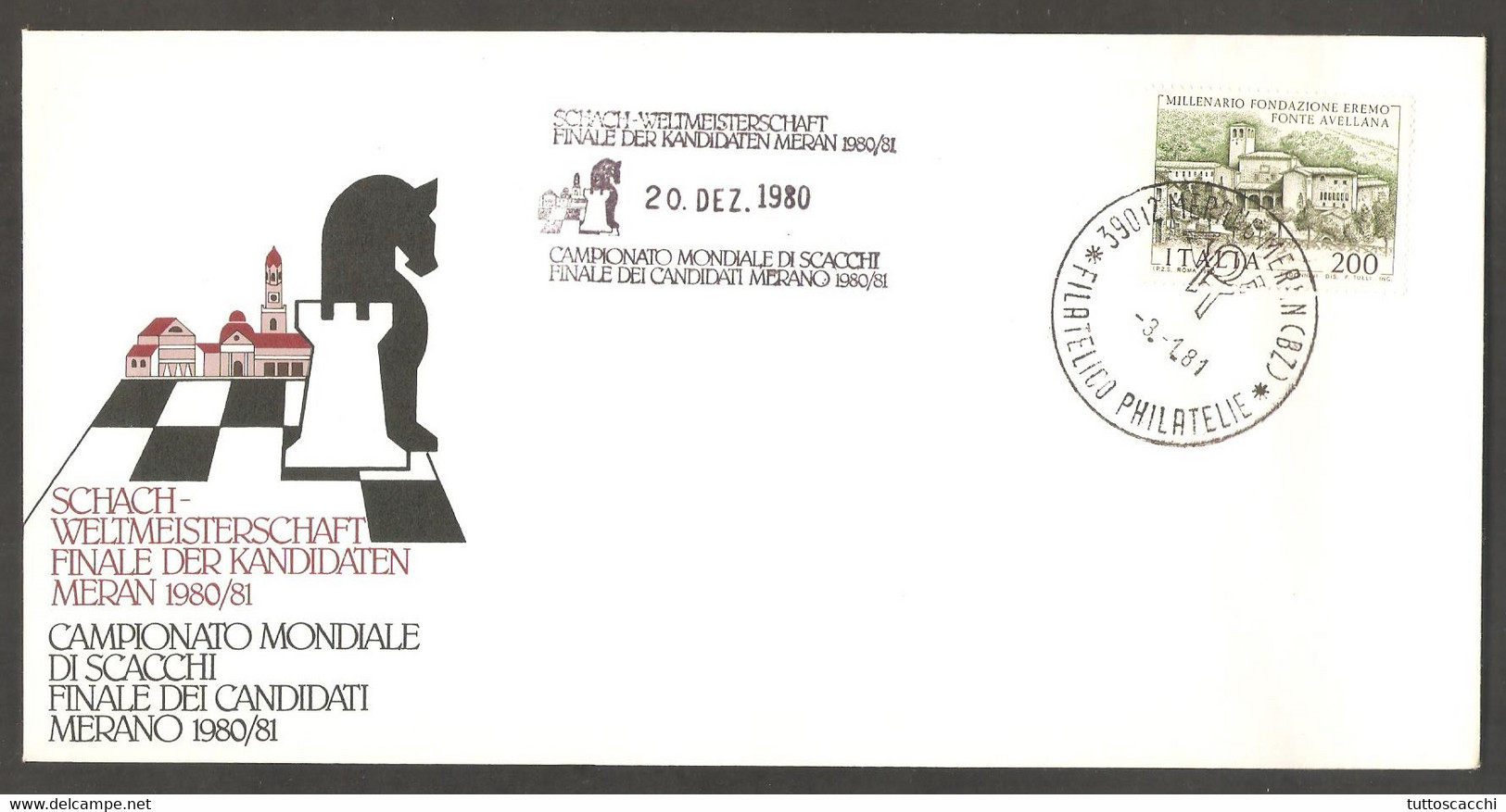 Italy1980 Merano - Violet Meter Chess Cancel On Commemorative Envelope - Echecs