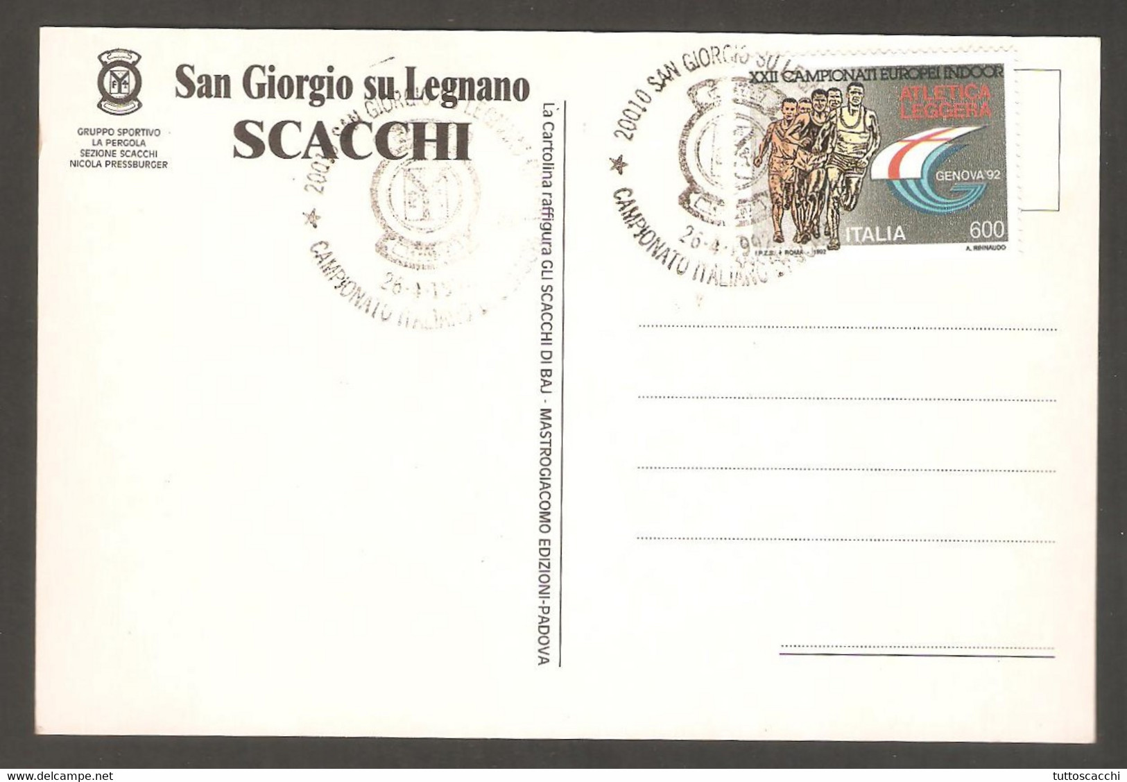 Italy 1992 San Giorgio Su Legnano - Chess Cancel On Commemorative Chess Postcard - Echecs