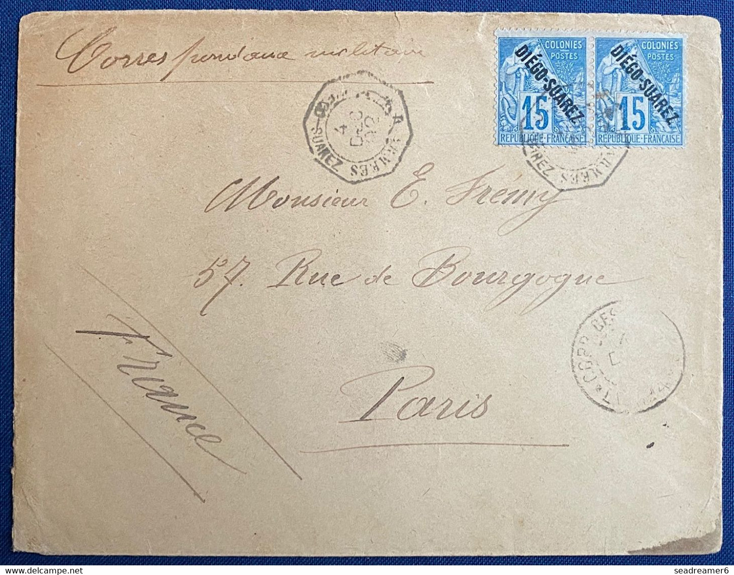 Colonies Madagascar Lettre Militaire De Diego Suarez N°18 Paire Pour Paris Tarif 30c Obl Dateur Hexagonal D'armées RR - Lettres & Documents