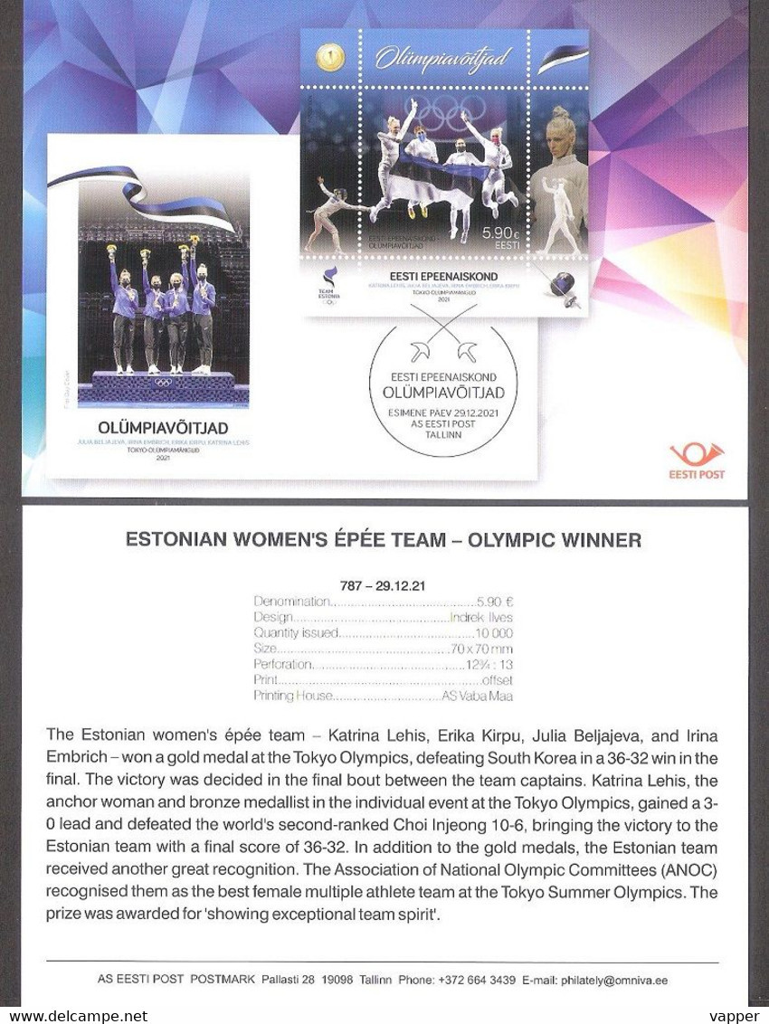 Estonian Women's Epee Team - Olympic Winner  2021 Estonia Sheet Presentation Card (eng) Mi BL55 - Sommer 2020: Tokio