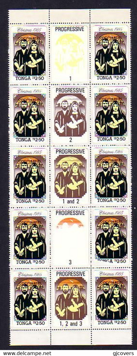 Tonga 1985 Specimen Block 15 Showing Progressive Colours Yellow, Brown & Orange - Baby Jesus, Joseph, Mary - Tonga (1970-...)