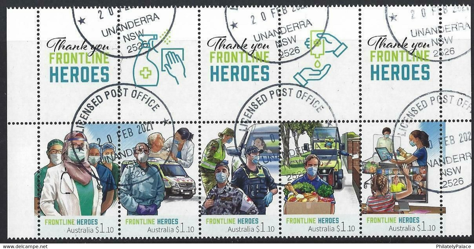 AUSTRALIA 2021 FRONTLINE HEROES STRIP OF 5 FINE USED COVID-19 Vaccine Frontline Workers Mask Doctor Coronavirus (**) - Used Stamps