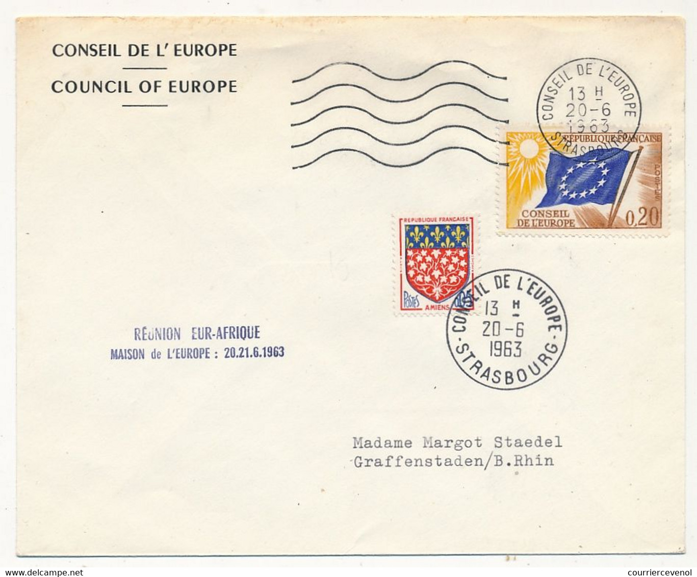 Env. Affr 0,20 Drapeau + 0,05 Armoiries Amiens - OMEC C.E 20/6/1963 - Réunion Eur. Afrique - Storia Postale