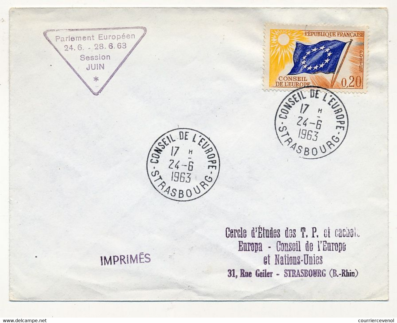 Env. Affr 0,20 Drapeau - Cad C.E 24/6/1963 - Parlement Européen Session De Juin 1963 - Briefe U. Dokumente