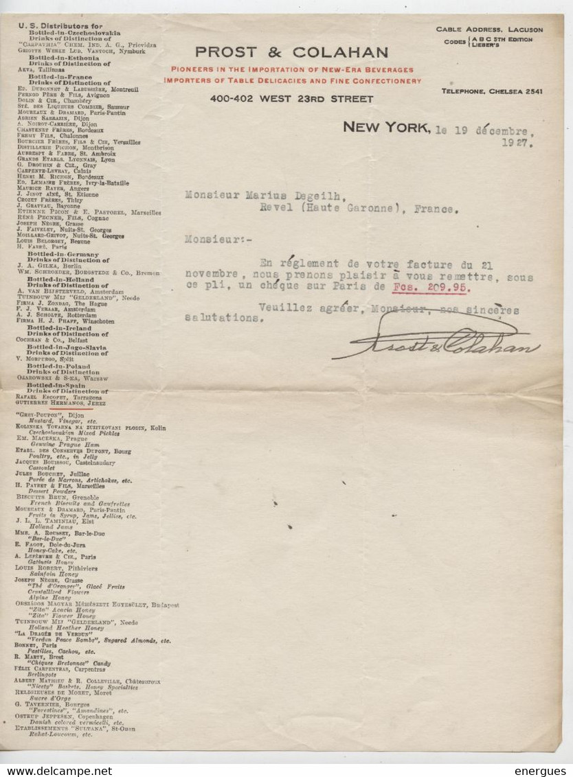 New York, 1927 ,Prost Et Colahan, Lmportateurs, Dégeilh à Revel, Dijon,Grenoble,Pithiviers,,carpentras, Moret,Bourges, - United States