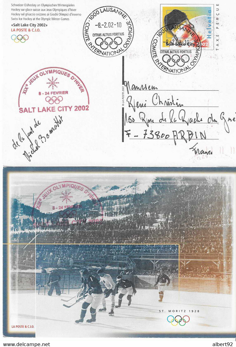 2002 Hockey Sur Glace à Saint-Moritz En 1928: Entier Postal émis Pour Les Jeux Olympiques De Salt Lake City 2002 - Hiver 1928: St-Morits