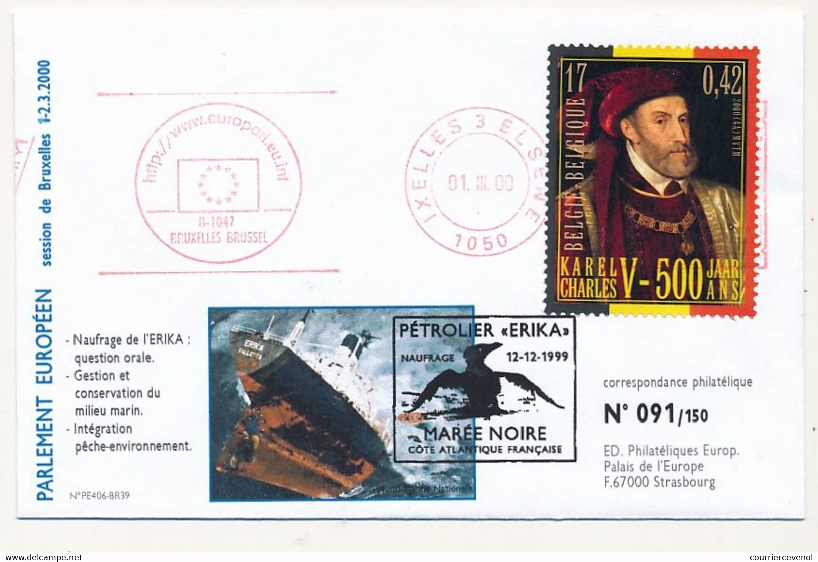 BELGIQUE - Env. Affr 500 Ans De Charles Quint - EMA Bruxelles 1/3/2000 - Naufrage De L'Erika - Storia Postale