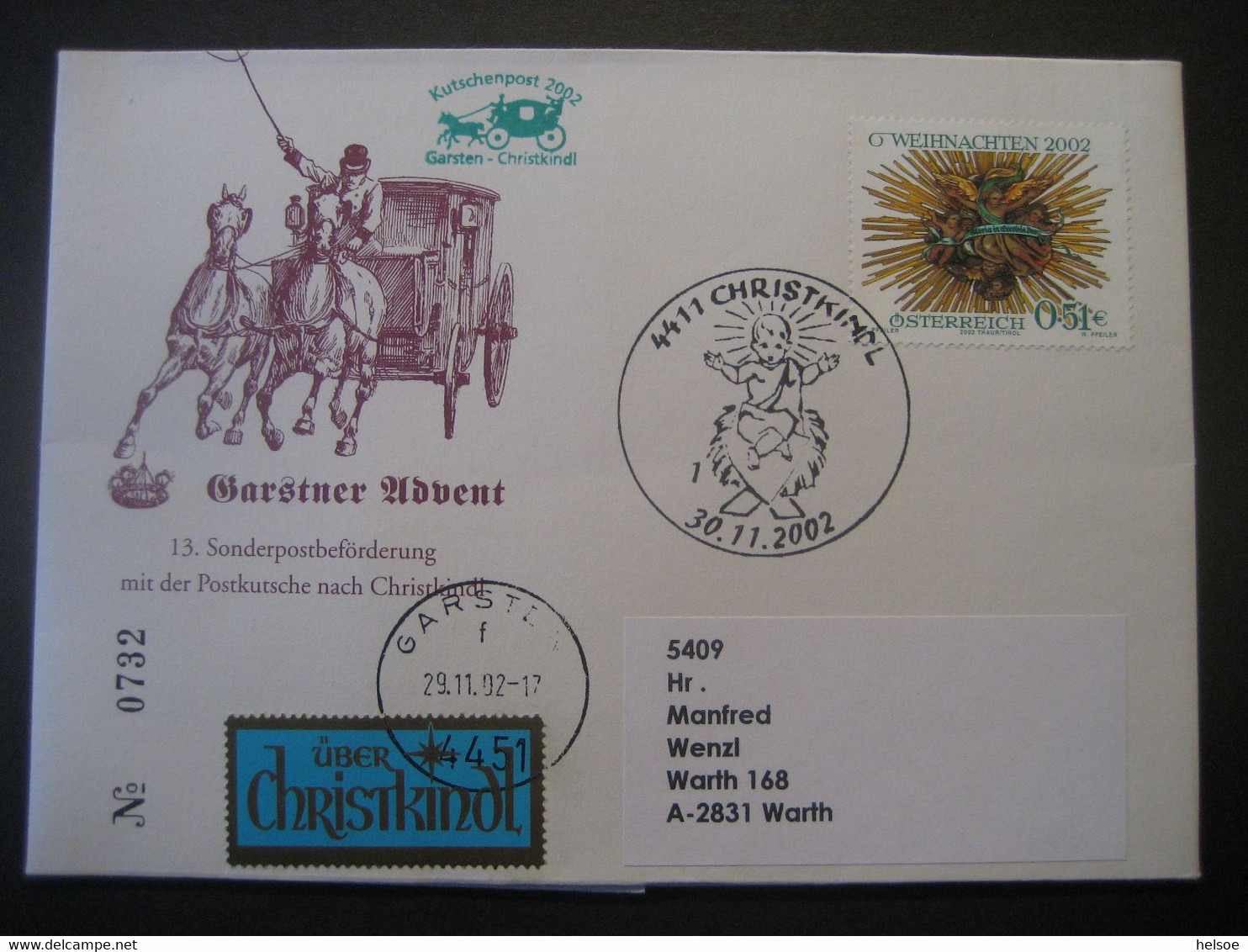 Osterreich- Garsten 30.11..2002 Von Der 13. Sonderpostbeförderung Mit Postkutsche Garsten - Christkindl - Storia Postale