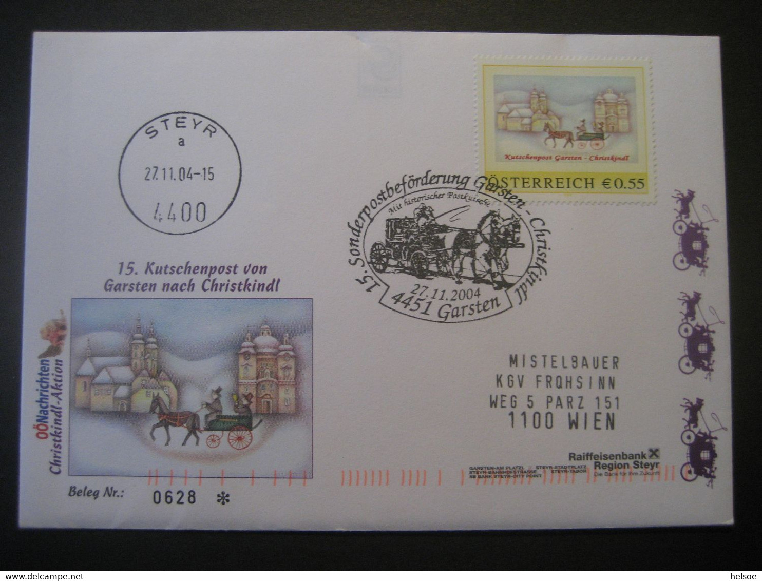 Osterreich- Garsten 27.11..2004 Von Der 15. Sonderpostbeförderung Mit Postkutsche Garsten - Christkindl - Lettres & Documents