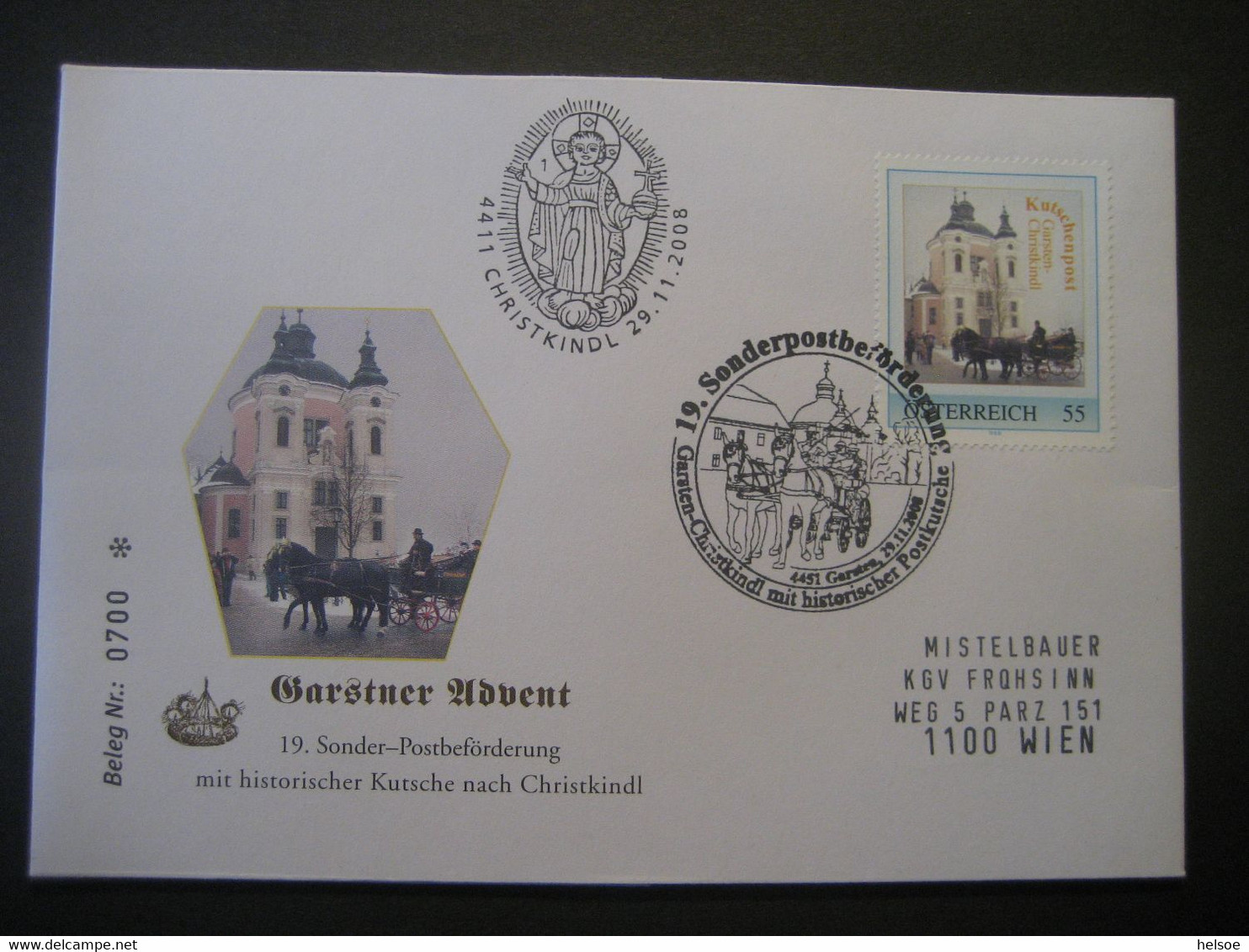 Osterreich- Garsten 29.11.2008 Von Der 19. Sonderpostbeförderung Mit Postkutsche Garsten - Christkindl - Cartas & Documentos