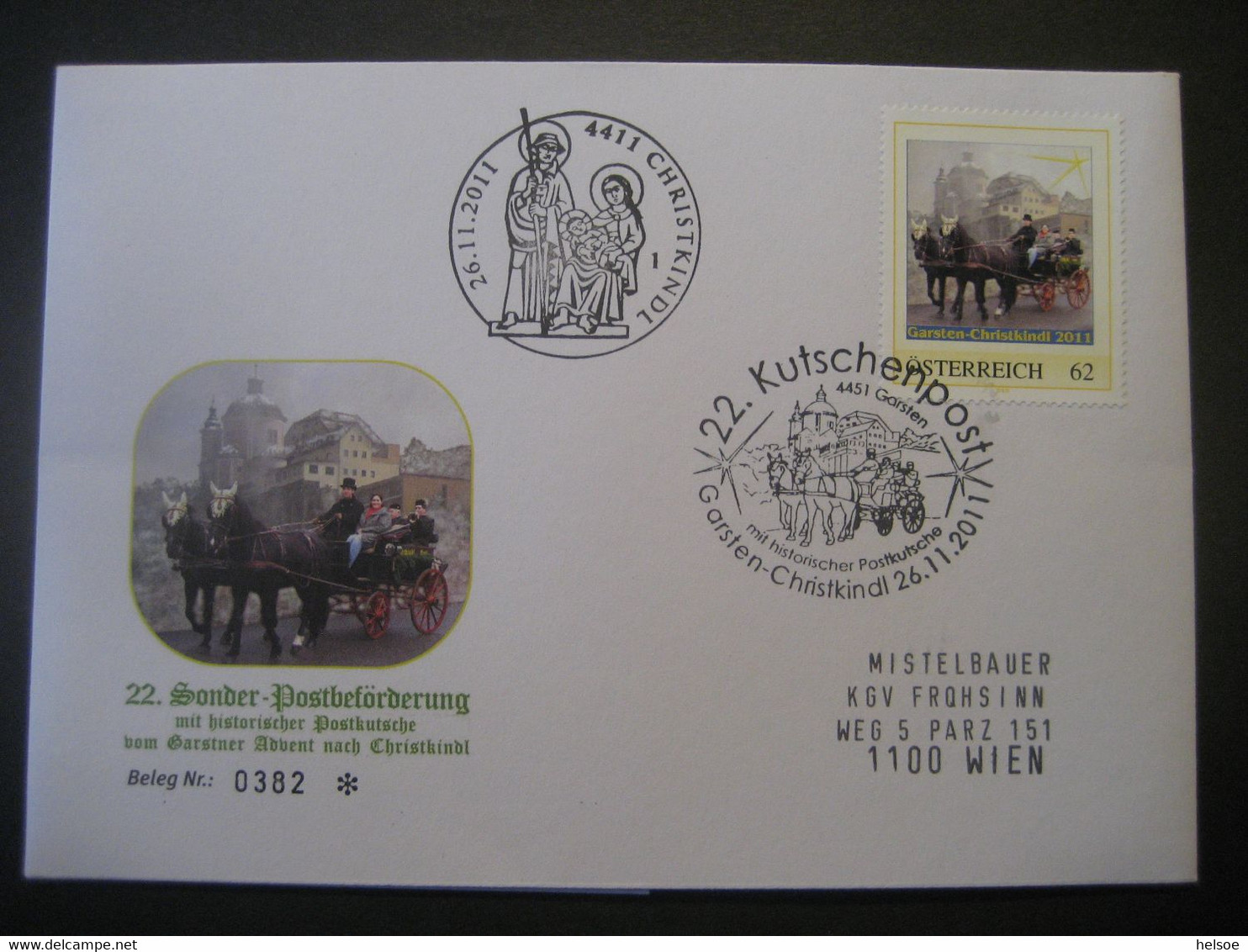 Osterreich- Garsten 26.11.2011 Von Der 22. Sonderpostbeförderung Mit Postkutsche Garsten - Christkindl - Storia Postale