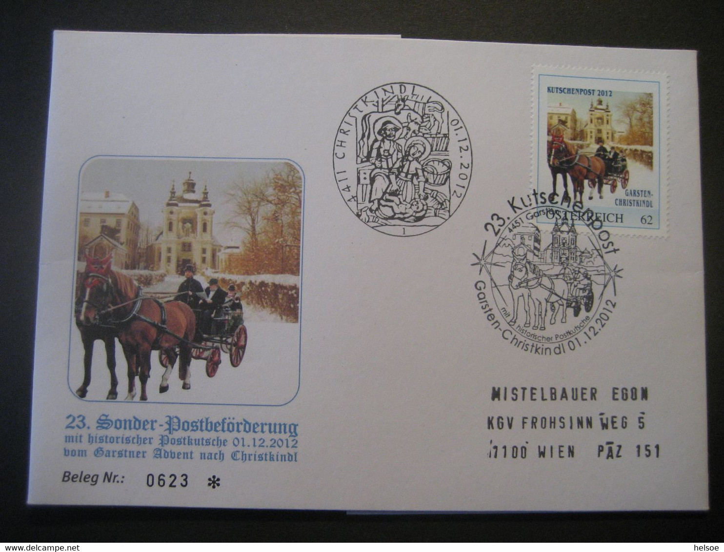 Osterreich- Garsten 01.12..2012 Von Der 23. Sonderpostbeförderung Mit Postkutsche Garsten - Christkindl - Briefe U. Dokumente