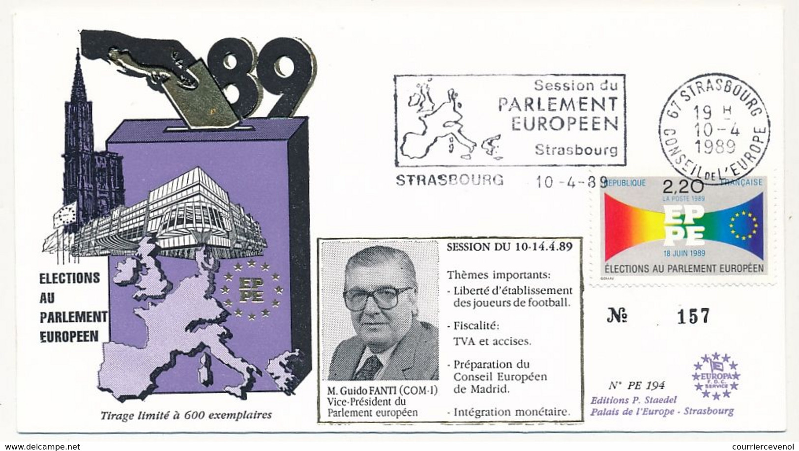 France - Env. Affr. 2,20 Elections Parlement Européen OMEC Session Parlement Européen Strasbourg 10/4/1989 - Storia Postale