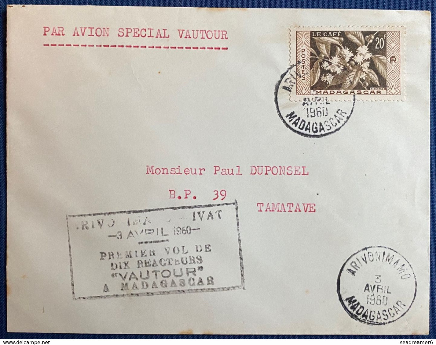LETTRE MADAGASCAR N° 331 1er VOL AVION VAUTOUR, D'ARIVONIMAMO LE 3/4/1960, POUR TAMATAVE  TTB - Airmail
