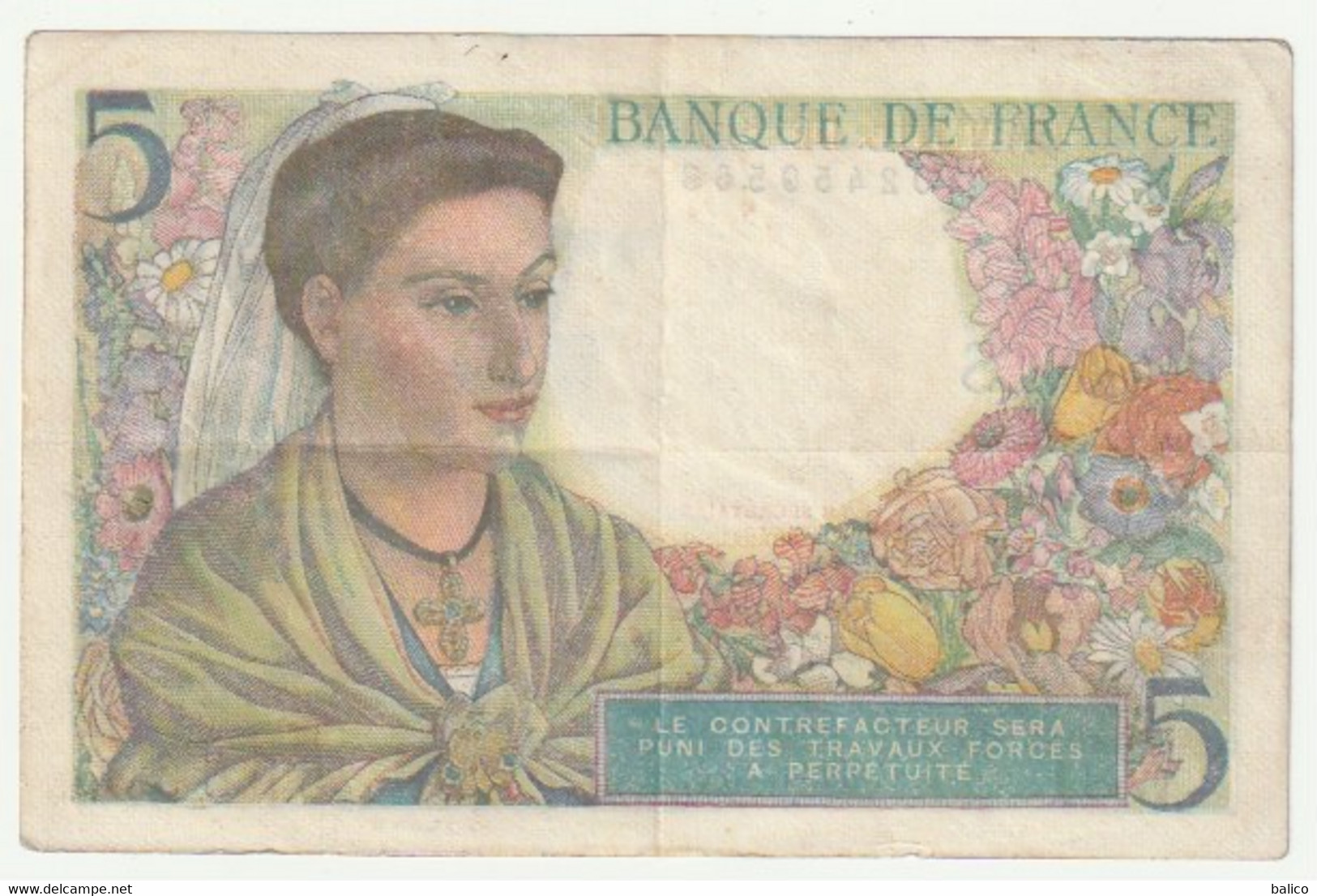 France - Billet 5 Francs Berger, 25 - 11 - 1943  N°  59563   W.81 - 5 F 1943-1947 ''Berger''