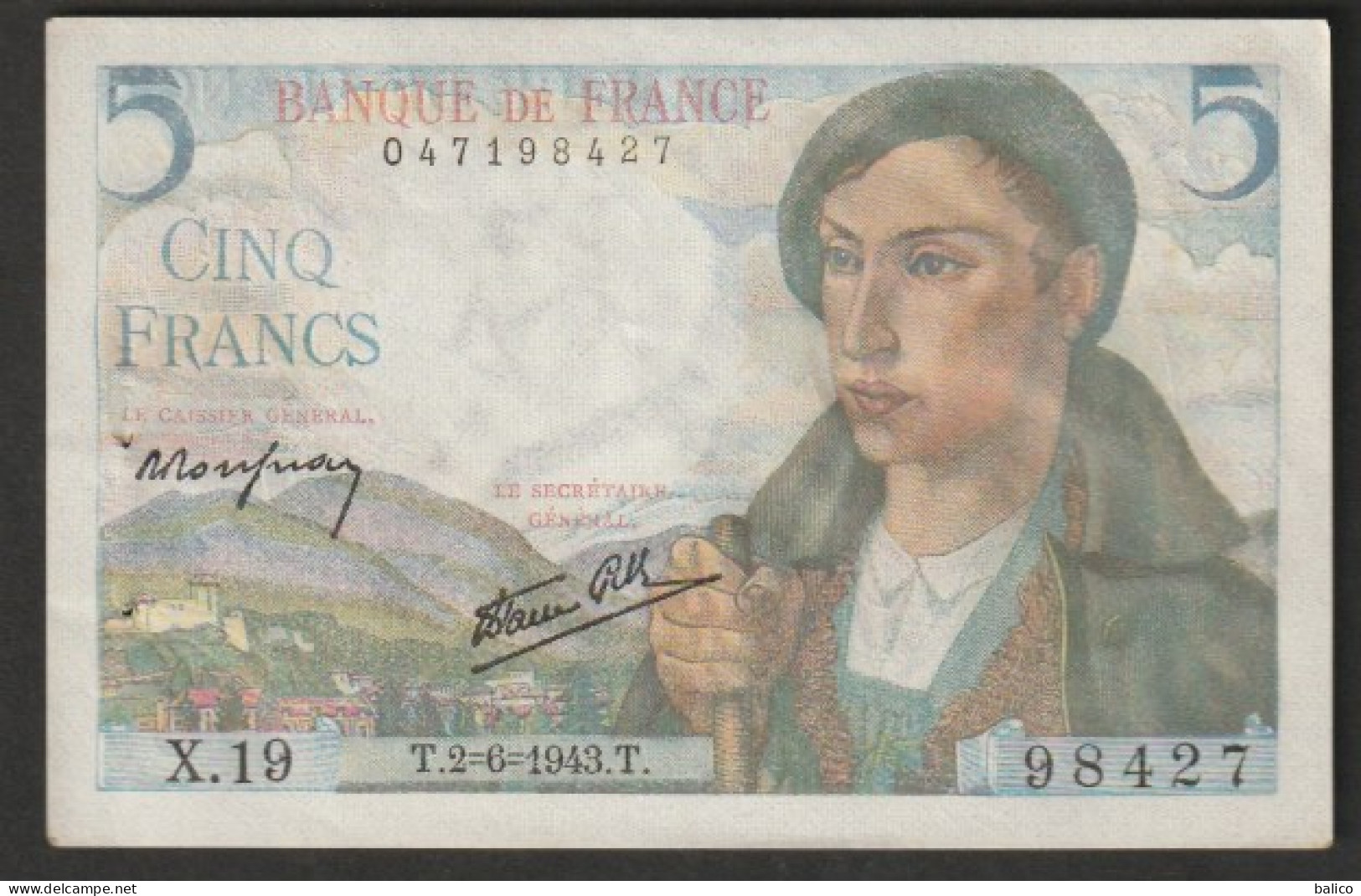 France - Billet 5 Francs Berger, 2 - 6 - 1943  N°  98427   X.19 - 5 F 1943-1947 ''Berger''
