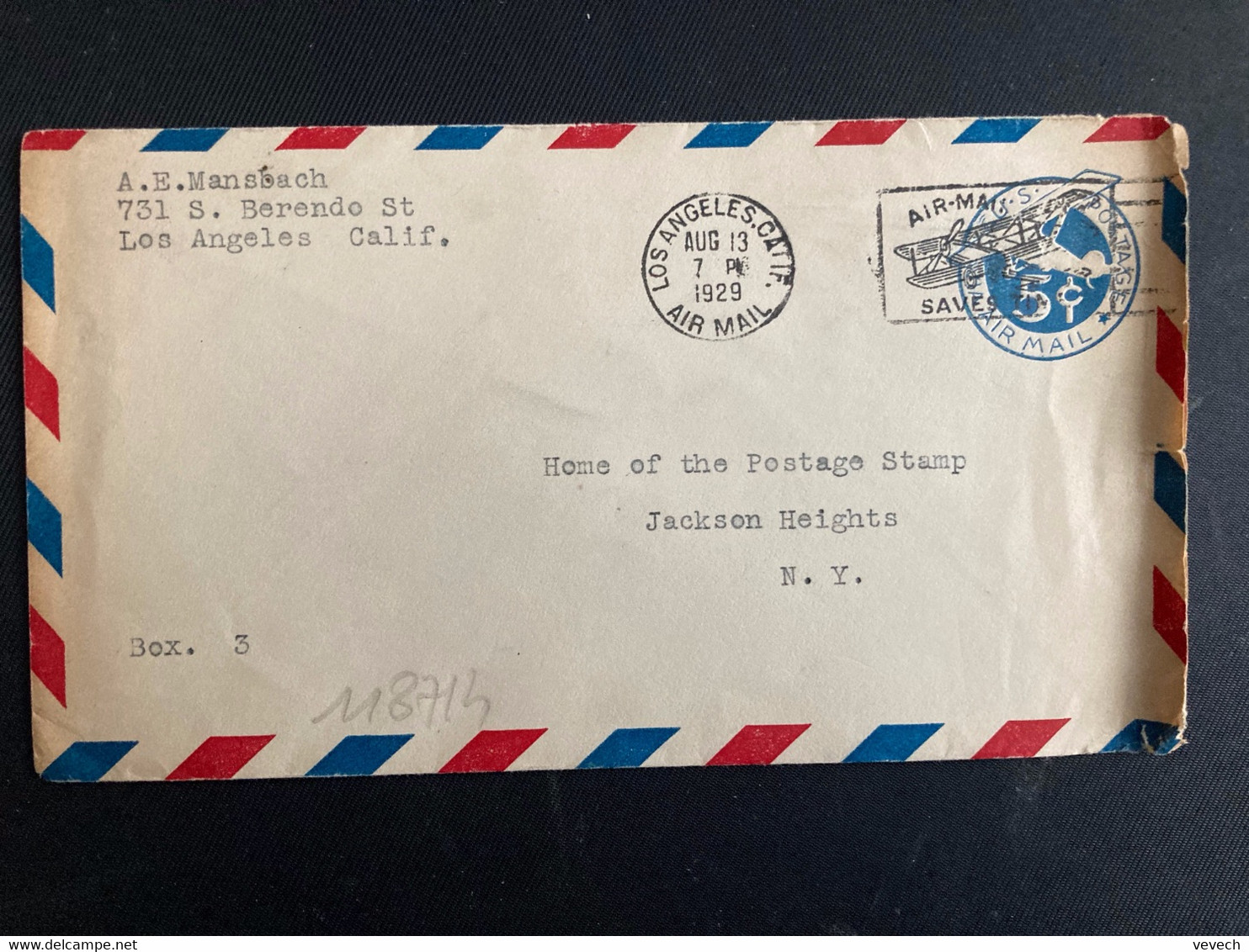 LETTRE EP AVION 5c OBL.MEC. AUG 13 1929 LOS ANGELES. CALIF. AIR MAIL - 1921-40