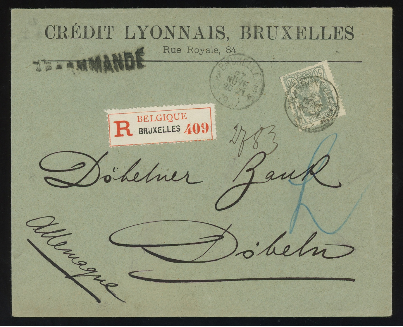 [03691] Belgium 1907 Reg. Cover To Germany Bearing Grosse Barbe 50c Grey With Perf-in, COB No. 78, €100 - 1905 Grosse Barbe