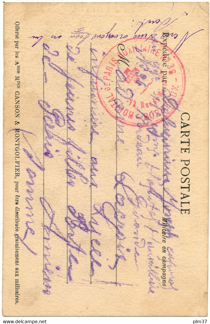 BORDEAUX, 33 - Cachet Militaire Croix Rouge "hôpital Auxiliaire N° 36" Sur CPA - WW I
