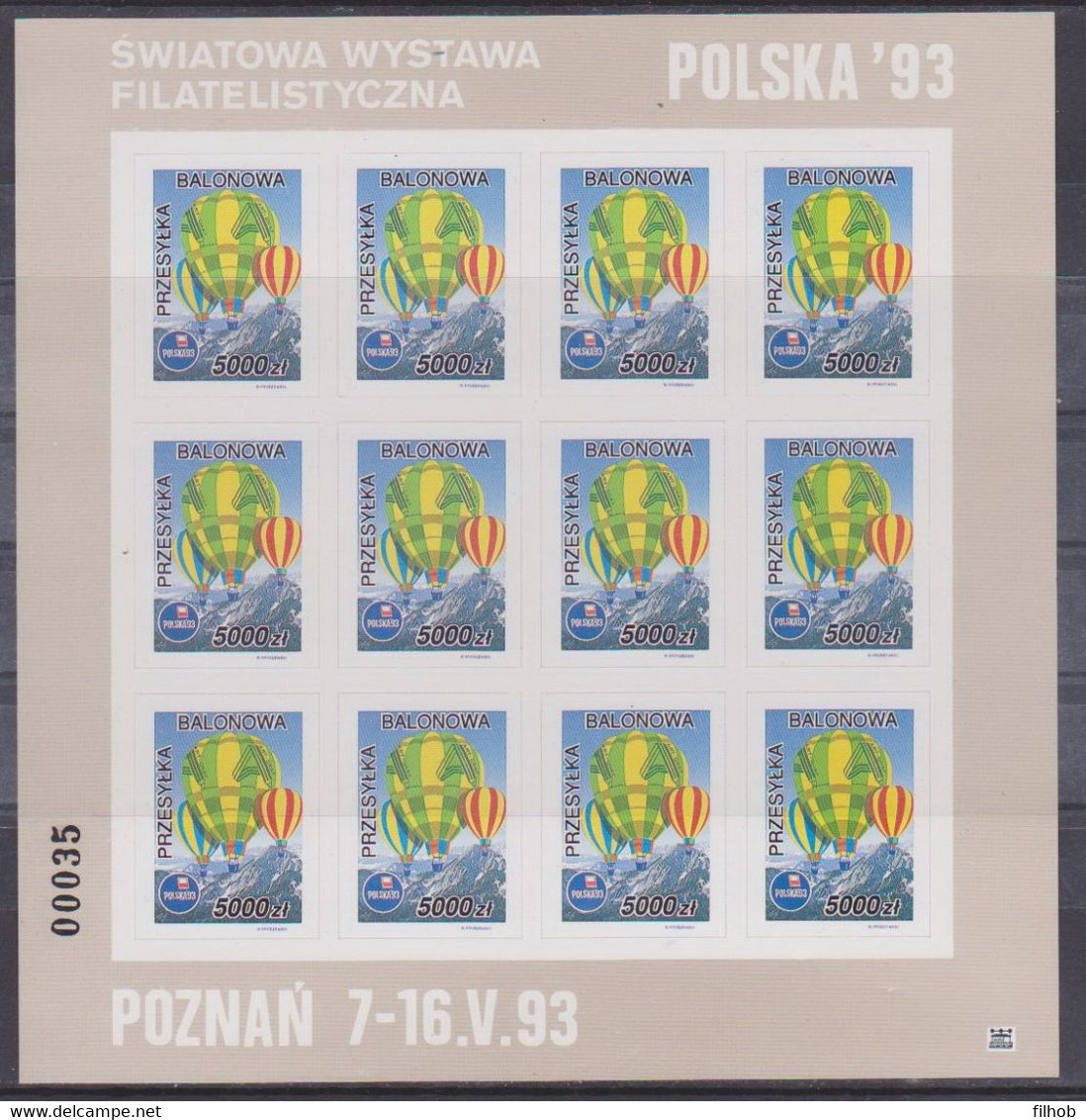 Poland Label - Balloon 1993 (F046): Exhibition Polska 93 (sheet) - Ballonnen