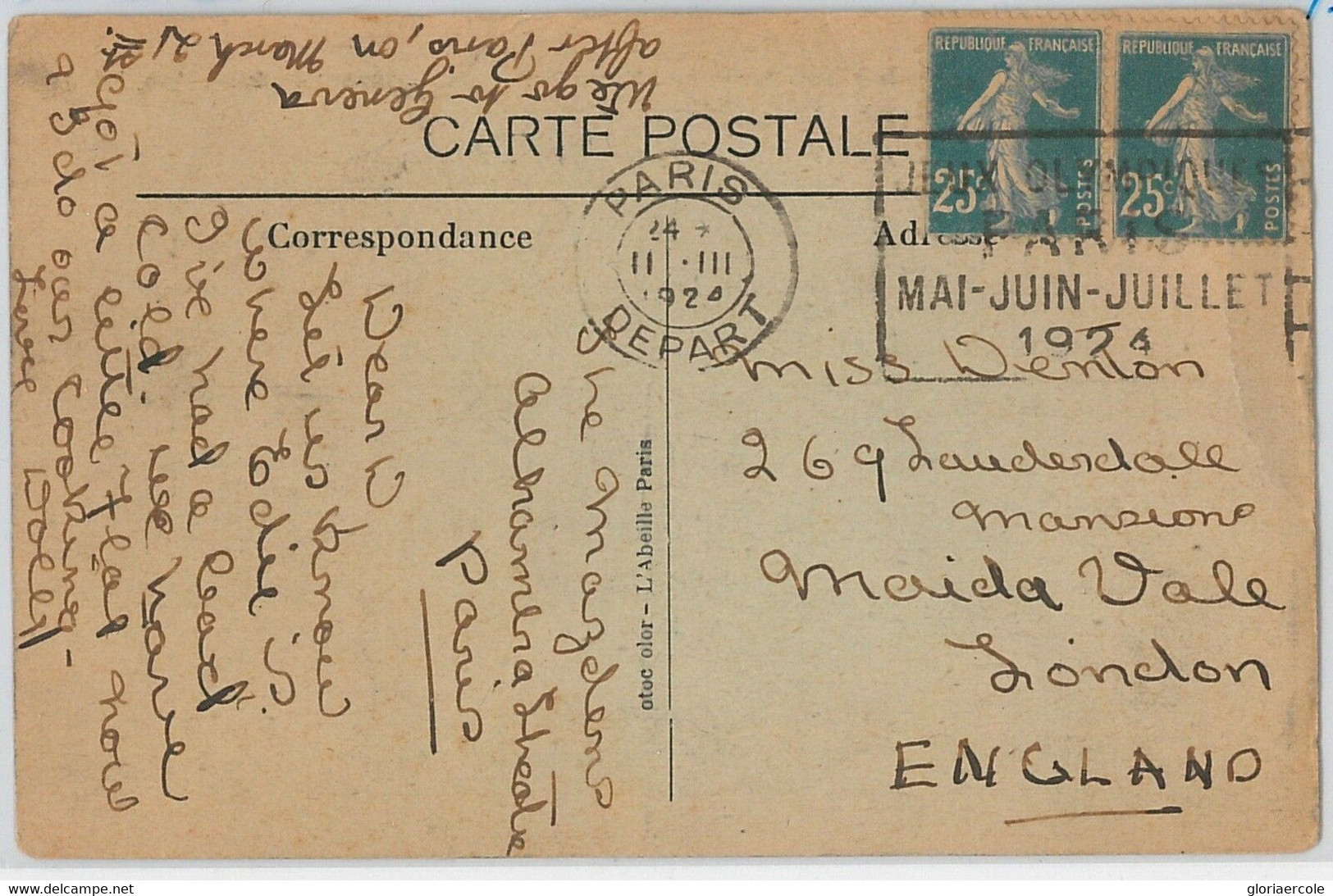 45741 - FRANCE - POSTAL HISTORY - Special Postmark On Postcard OLYMPIC GAMES 1924 - Sommer 1924: Paris