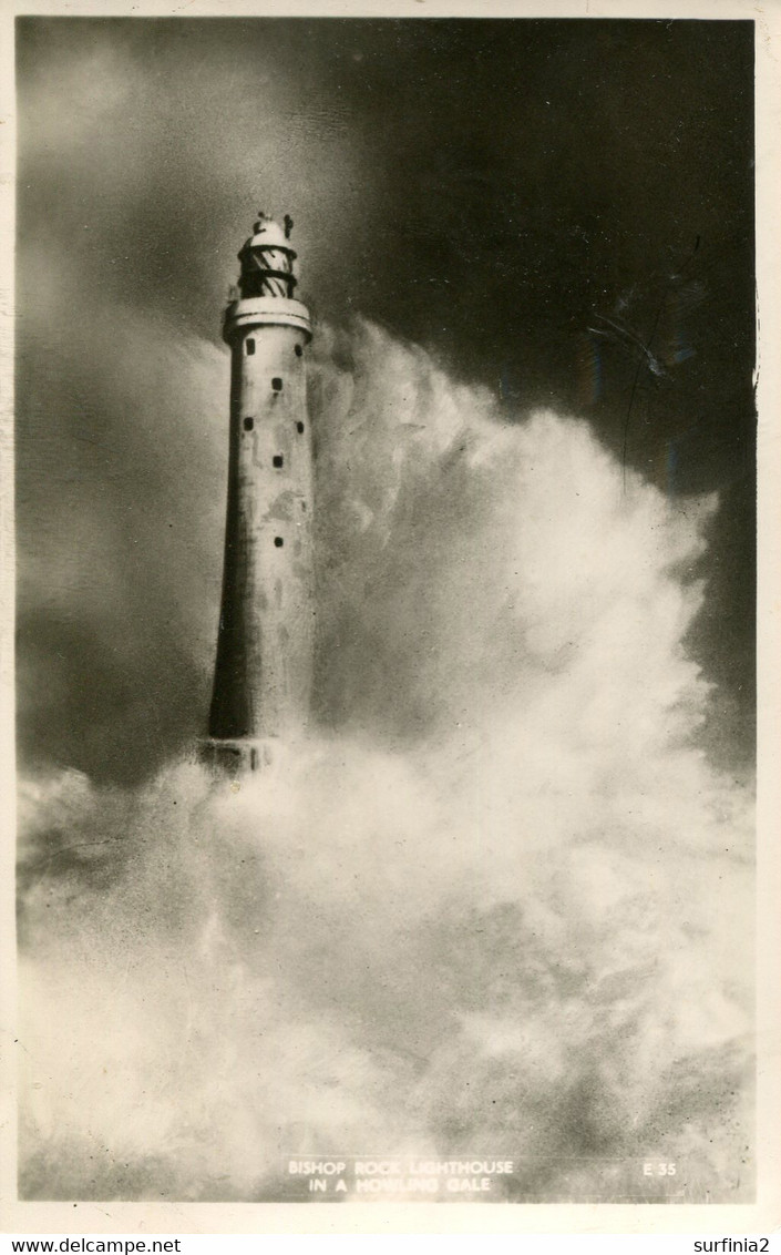 CORNWALL - ISLES OF SCILLY - BISHOP ROCK LIGHTHOUSE IN A HOWLING GALE RP Co1214 - Scilly Isles