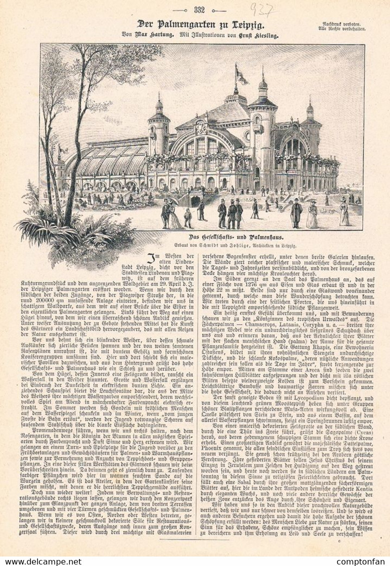 A102 937 Ernst Kiesling Leipzig Palmengarten Parkanlage Artikel Von 1899 !! - Autres & Non Classés