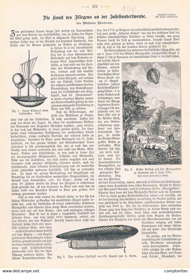 A102 948 - Kunst Des Fliegens Fesselballon Luftschiff Lilienthal Artikel Von 1899 !! - Altri & Non Classificati