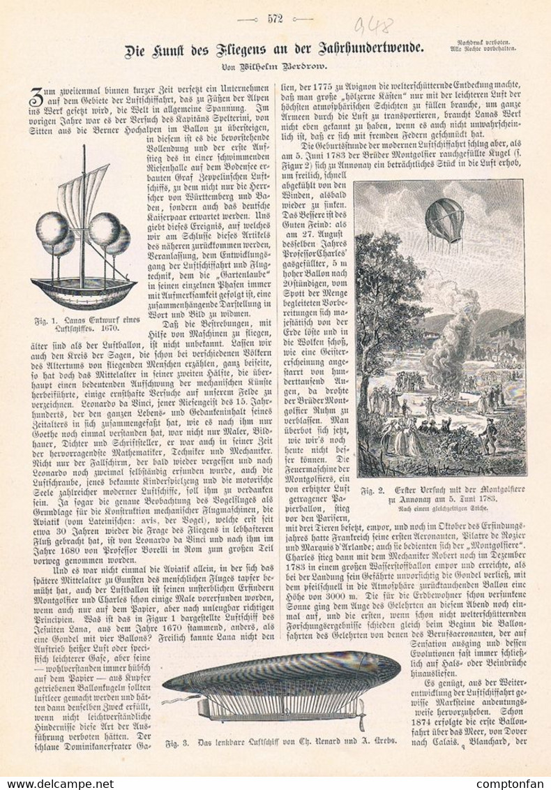 A102 948 - Kunst Des Fliegens Fesselballon Luftschiff Lilienthal Artikel Von 1899 !! - Autres & Non Classés