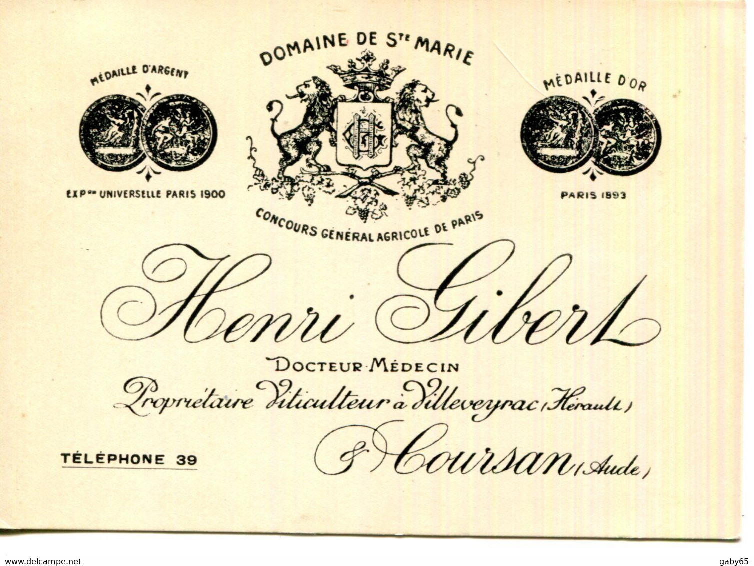 CARTE VISITE.11.AUDE.COURSAN.34.HERAULT.VILLEVEYRAC.DOMAINE SAINTE MARIE.HENRI GIBERT PROPRIETAIRE VITICULTEUR. - Non Classés