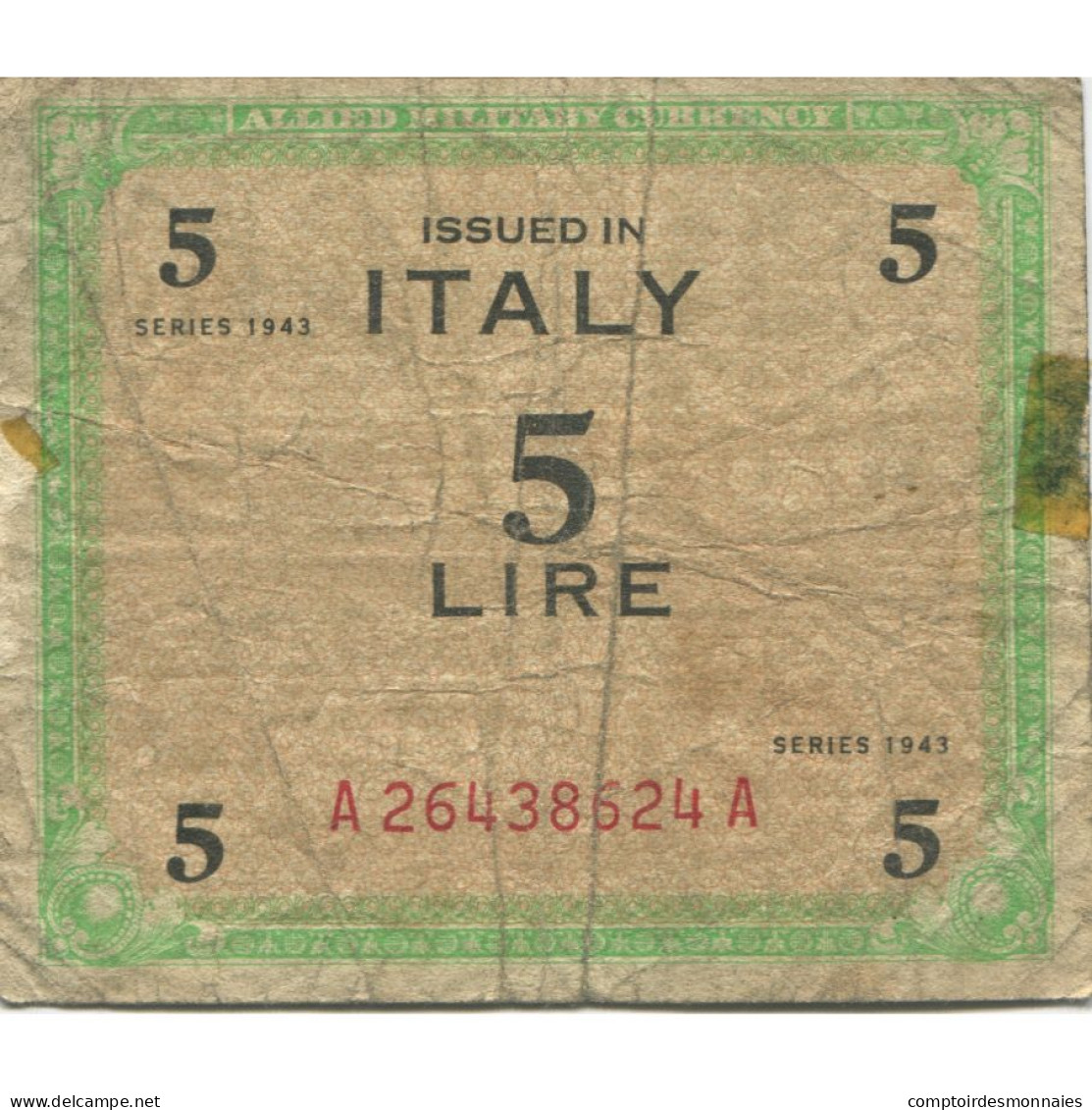 Billet, Italie, 5 Lire, 1943, KM:M18b, B - Occupazione Alleata Seconda Guerra Mondiale