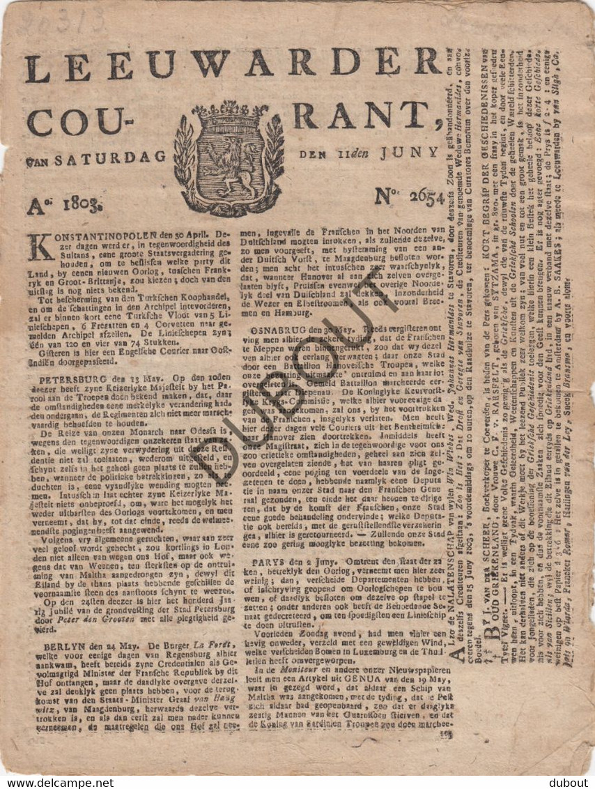 LEEUWARDEN - Krant/Journal - Leeuwarder Courant 1803 - Drukkerij Ferwerda (V583D) - Informations Générales