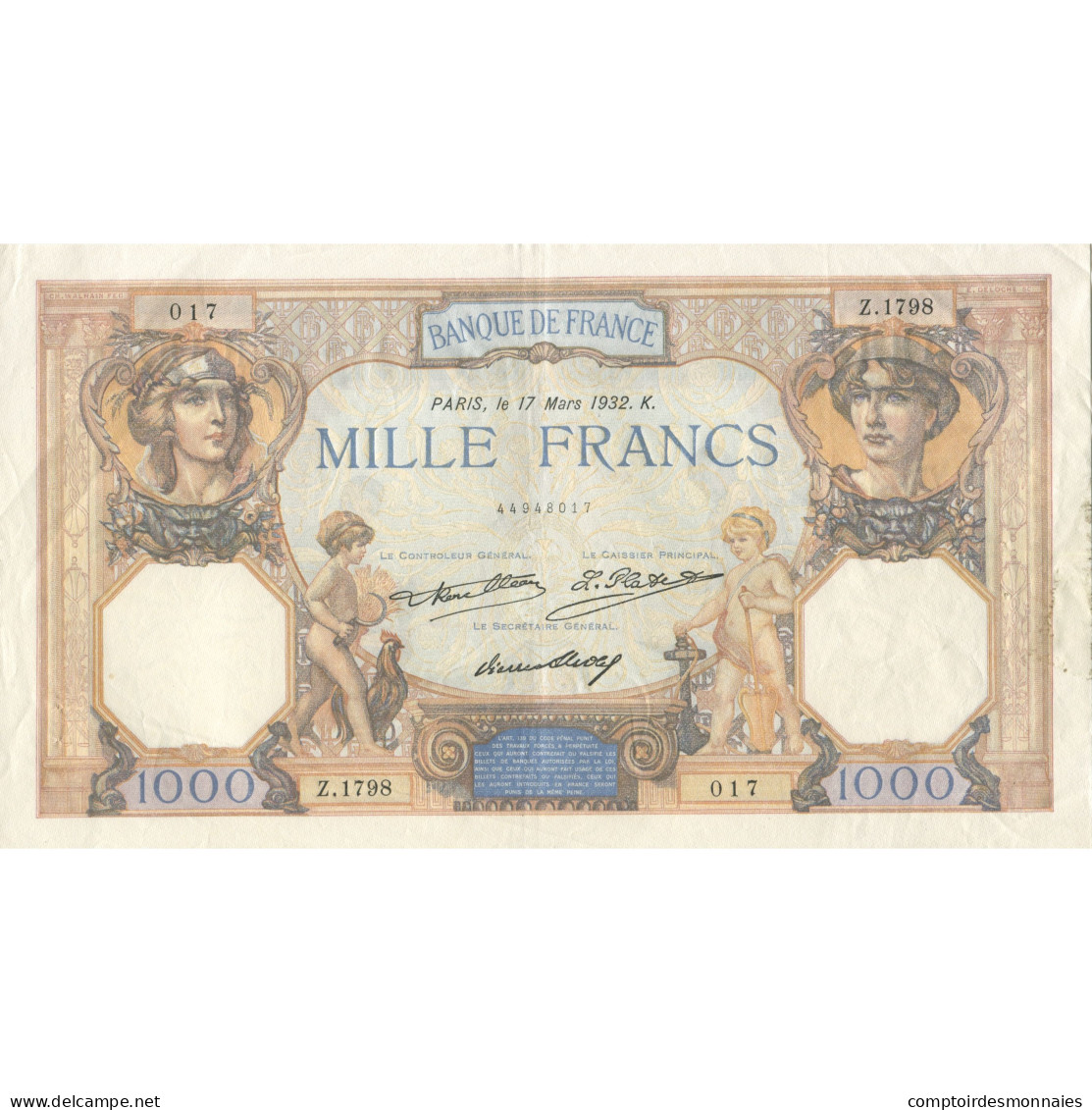 France, 1000 Francs, Cérès Et Mercure, 1932, 1932-03-17, TTB+, Fayette:37.7 - 1 000 F 1927-1940 ''Cérès Et Mercure''