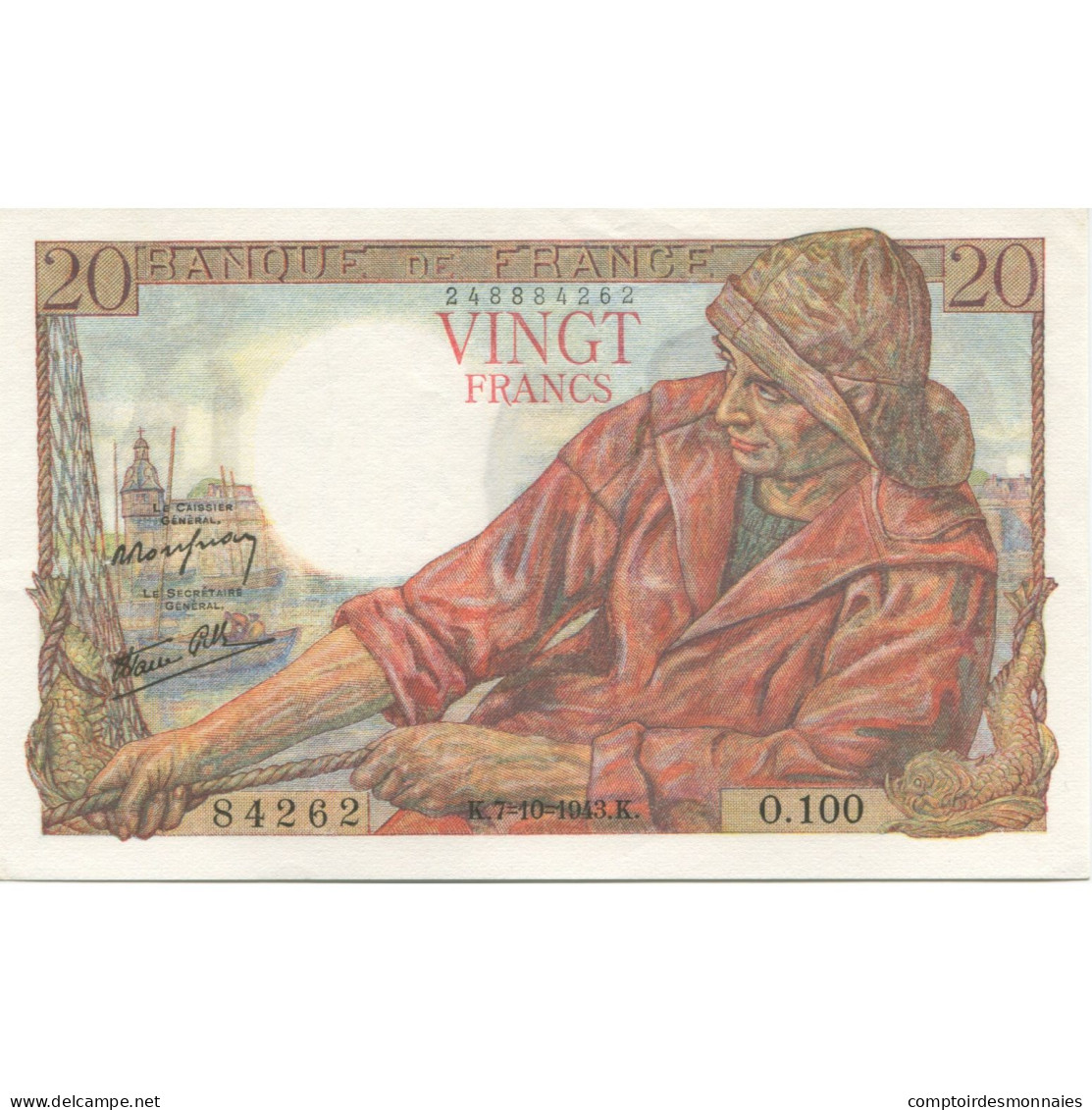 France, 20 Francs, Pêcheur, 1943, 1943-10-07, SPL, Fayette:13.7, KM:100a - 20 F 1942-1950 ''Pêcheur''