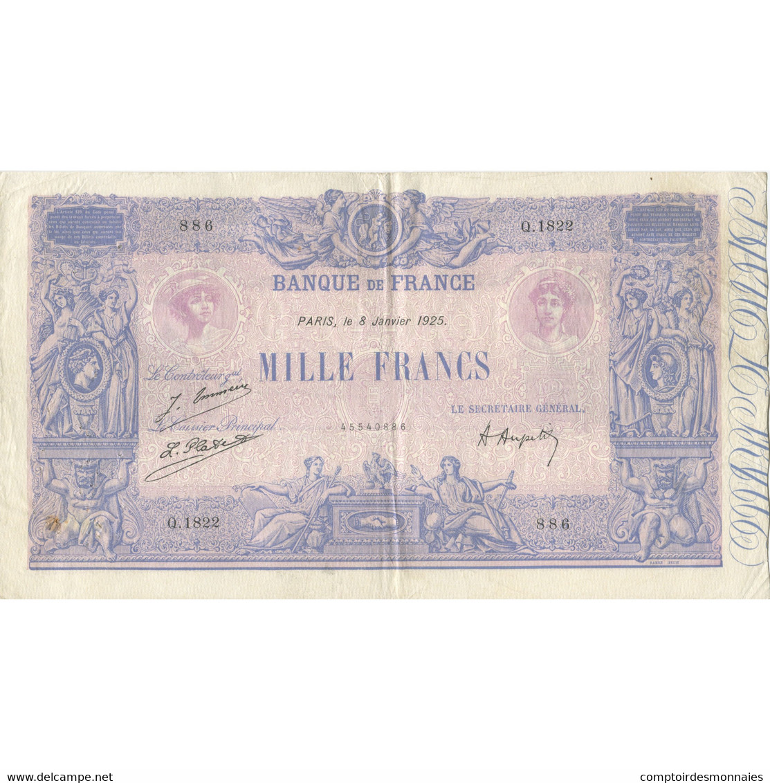 France, 1000 Francs, Bleu Et Rose, 1925, 1925-01-08, TTB+, Fayette:36.41, KM:67j - 1 000 F 1889-1926 ''Bleu Et Rose''