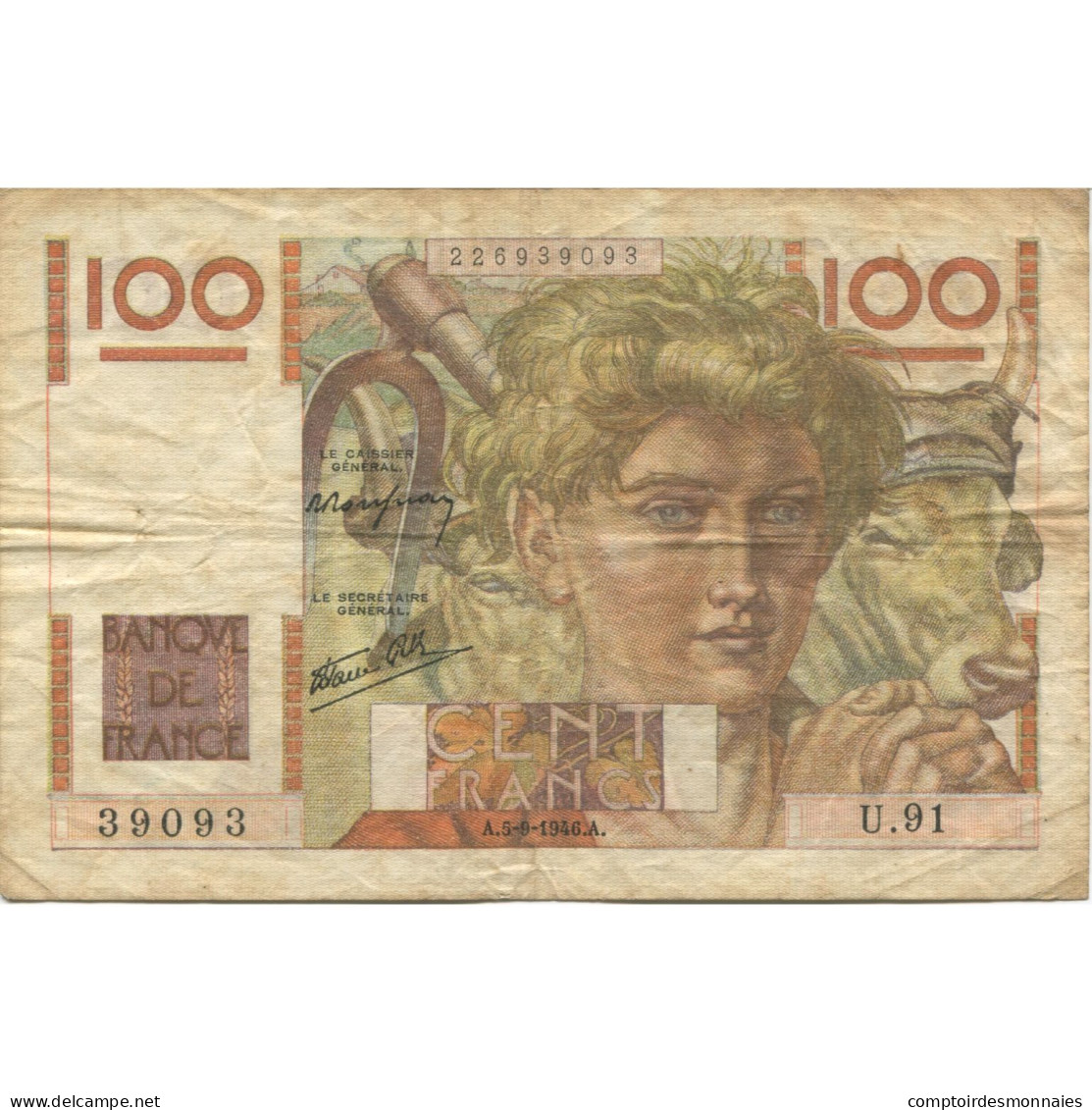 France, 100 Francs, Jeune Paysan, 1946, 1946-09-05, TB+, Fayette:28.8, KM:128a - 100 F 1945-1954 ''Jeune Paysan''