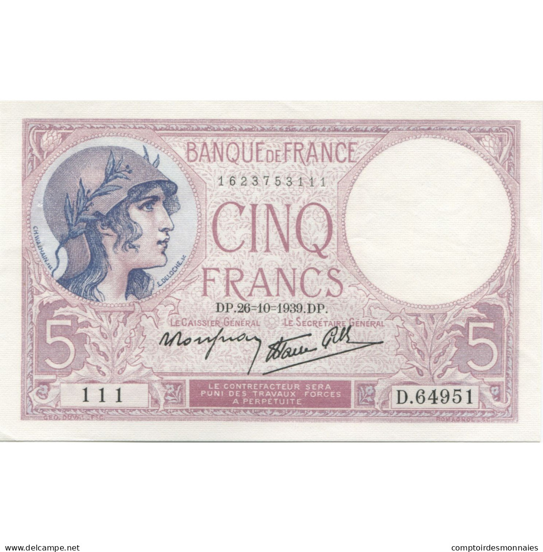 France, 5 Francs, Violet, 1939, 1939-10-26, NEUF, Fayette:4.13, KM:83 - 5 F 1917-1940 ''Violet''