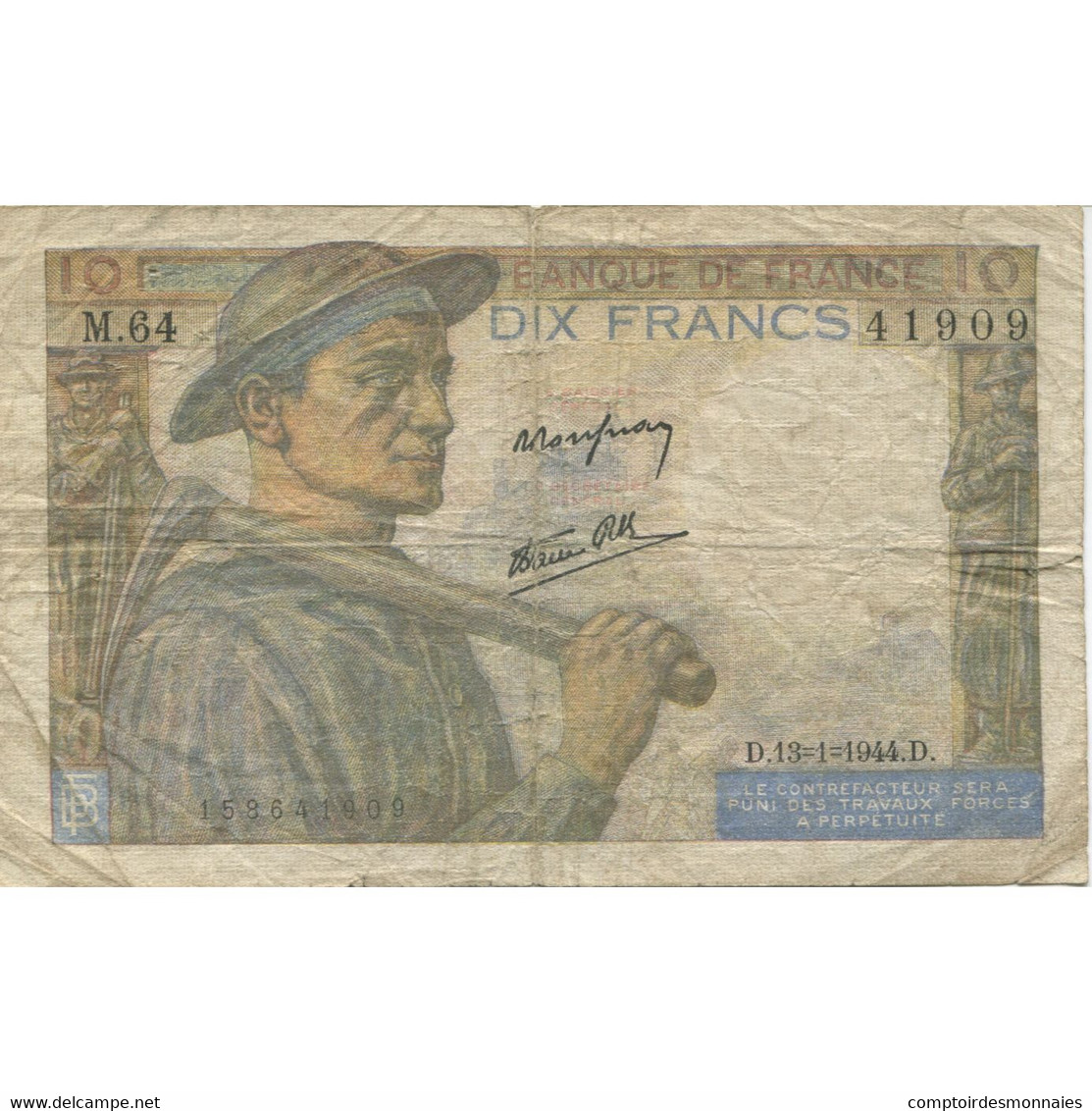 France, 10 Francs, Mineur, 1944, 1944-01-13, TB, Fayette:8.10, KM:99e - 10 F 1941-1949 ''Mineur''