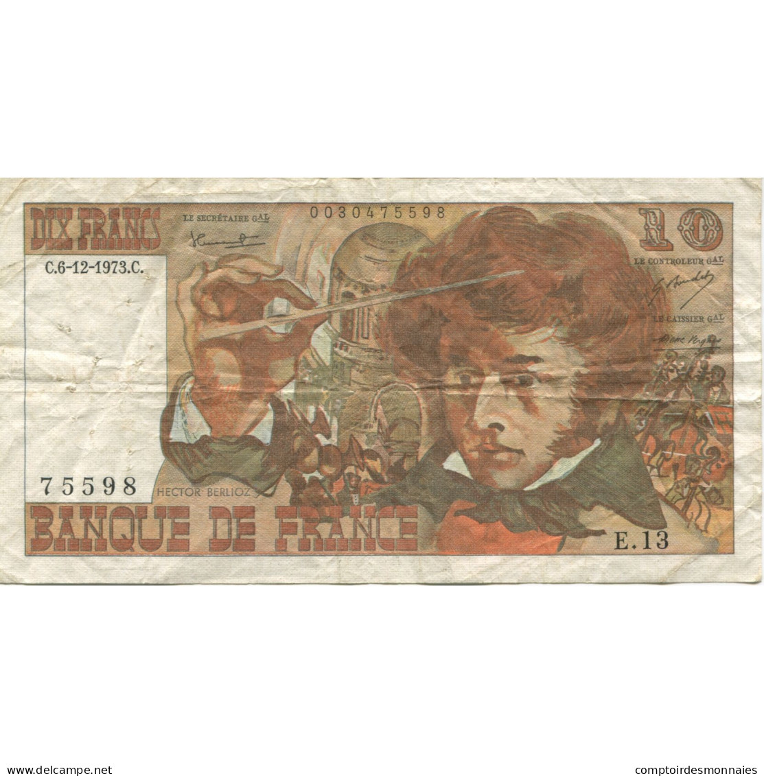 France, 10 Francs, Berlioz, 1973, 1973-12-06, TB+, Fayette:63.2, KM:150a - 10 F 1972-1978 ''Berlioz''