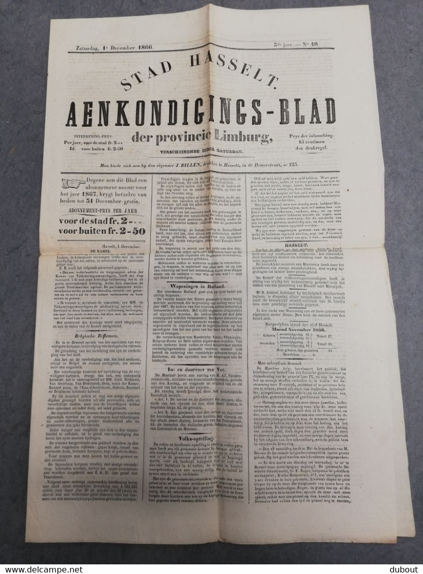 Krant/Journal Hasselt - Aankondigingsblad 1866 - Druk J. Billen, Hasselt  (P239) - Informaciones Generales