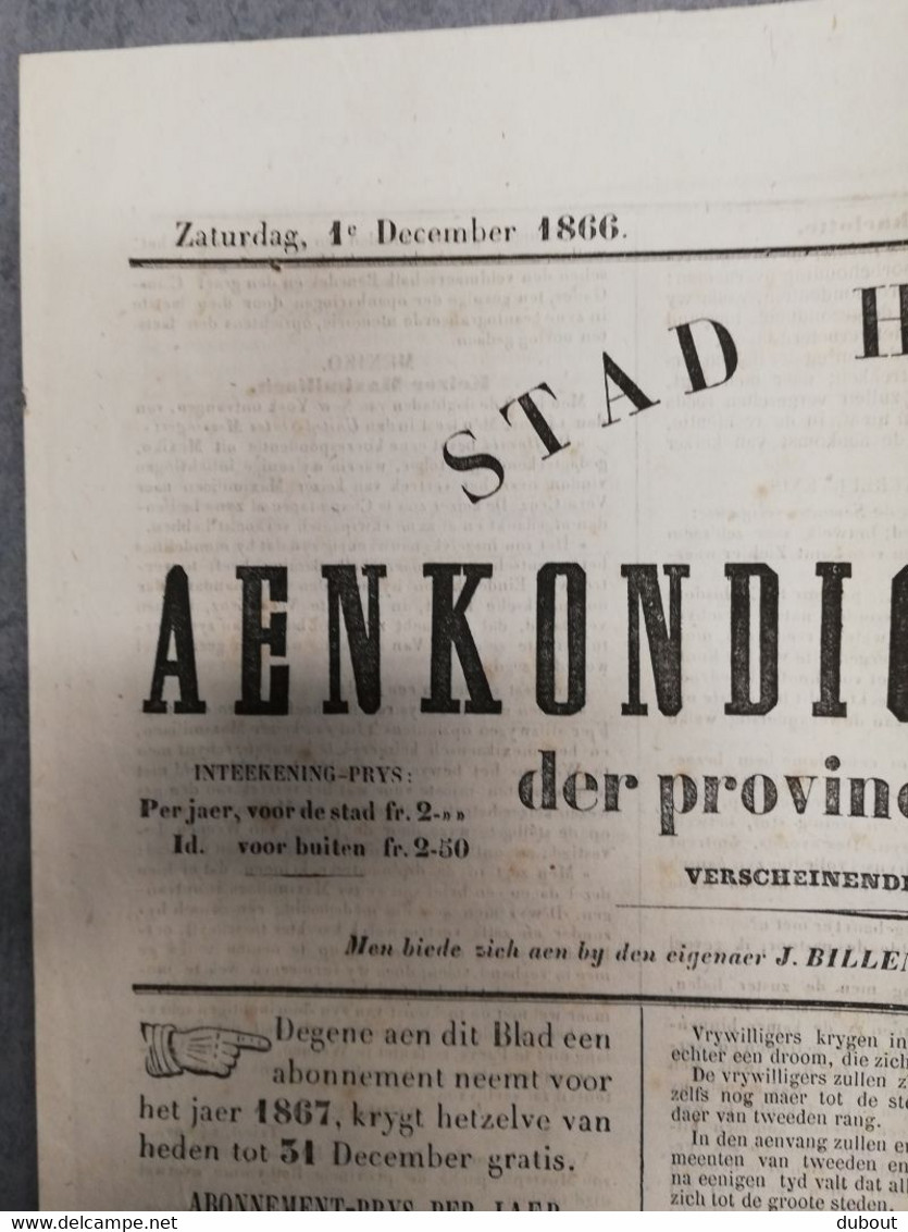 Krant/Journal Hasselt - Aankondigingsblad 1866 - Druk J. Billen, Hasselt  (P239) - Allgemeine Literatur