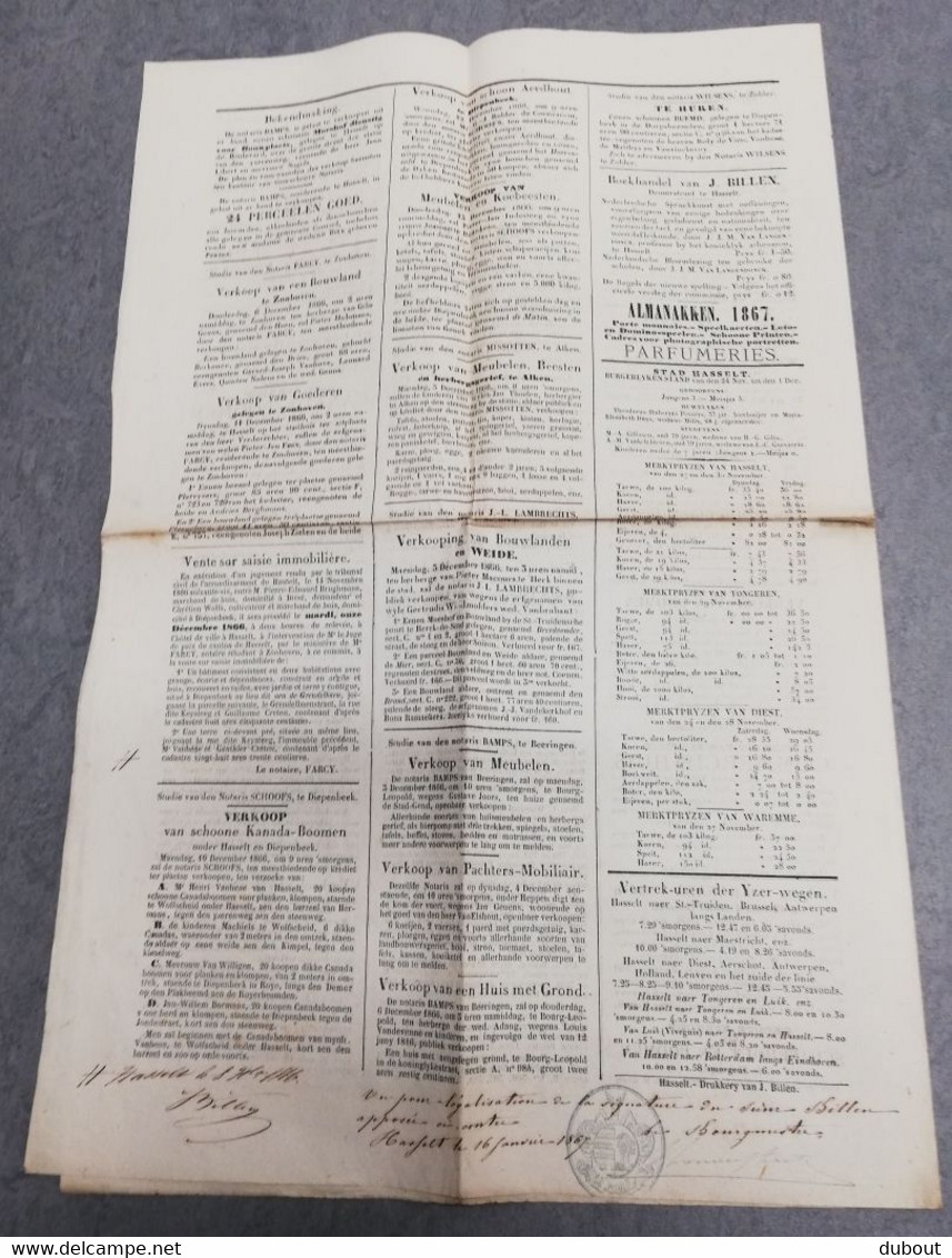 Krant/Journal Hasselt - Aankondigingsblad 1866 - Druk J. Billen, Hasselt  (P239) - Algemene Informatie