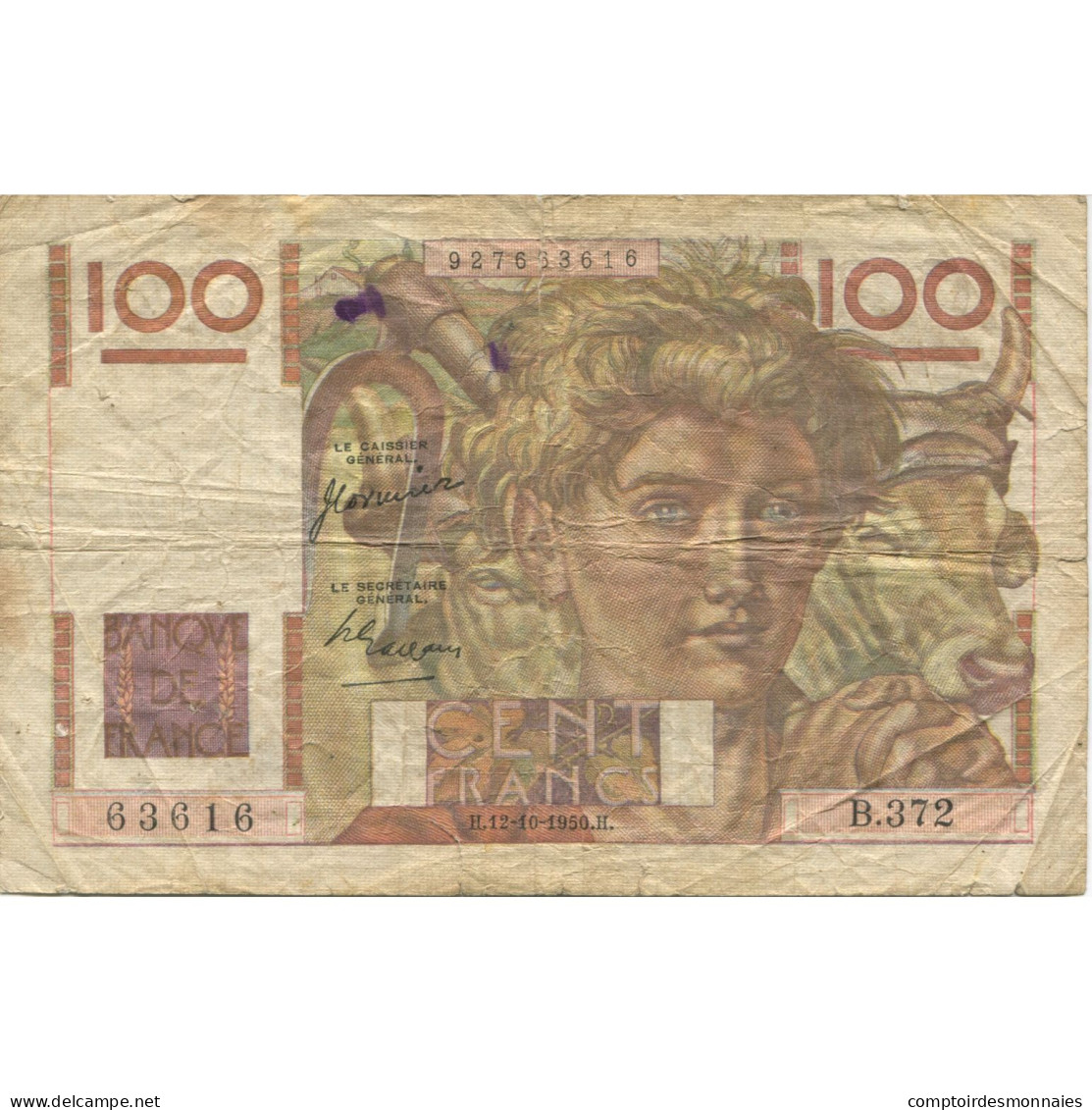 France, 100 Francs, Jeune Paysan, 1950, 1950-10-12, B, Fayette:28.27, KM:128c - 100 F 1945-1954 ''Jeune Paysan''